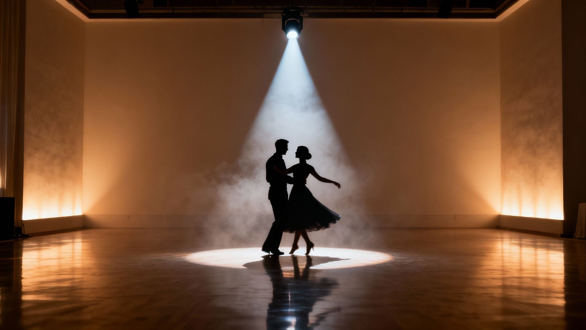 Silhouettes of a couple ballroom dancing under a dramatic spotlight in a smoky, warmly lit room.