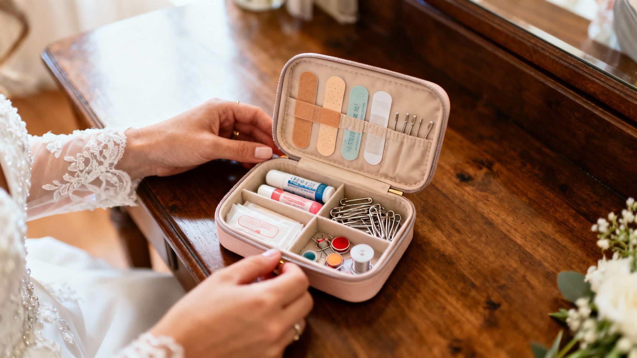 Bride looking at her wedding day emergency kit on a bed