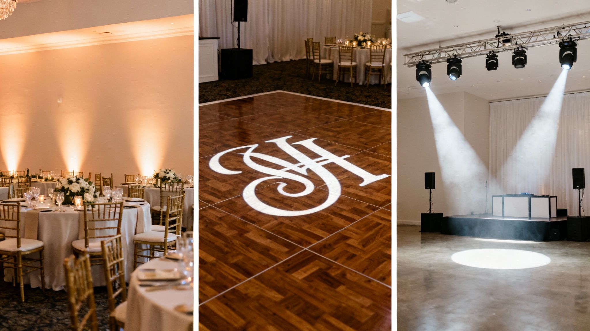 Wedding reception setup with elegant dining tables, a monogrammed dance floor, and modern DJ lighting.