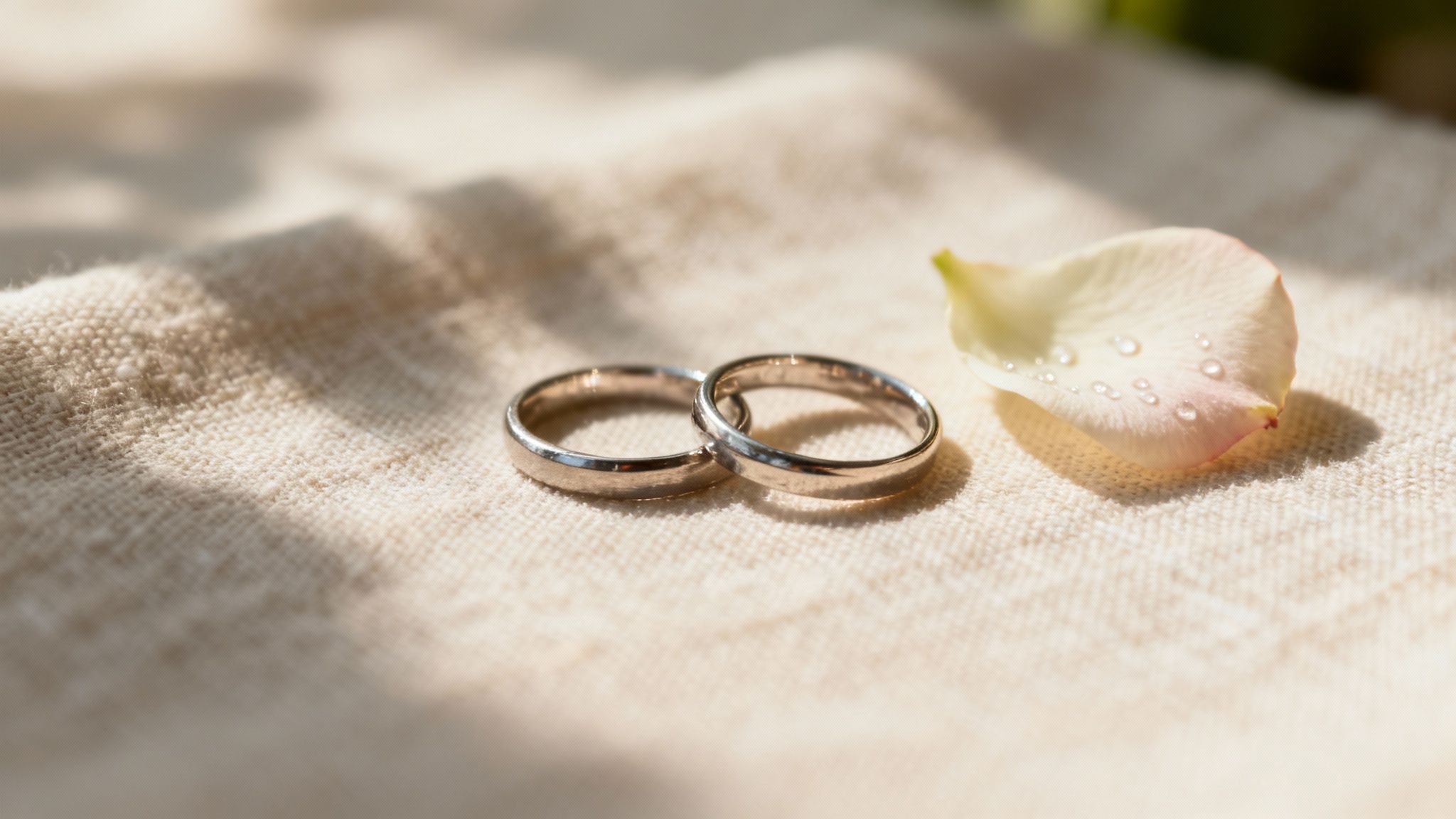 Two elegant wedding rings resting on white fabric beside delicate flower petal with water droplets