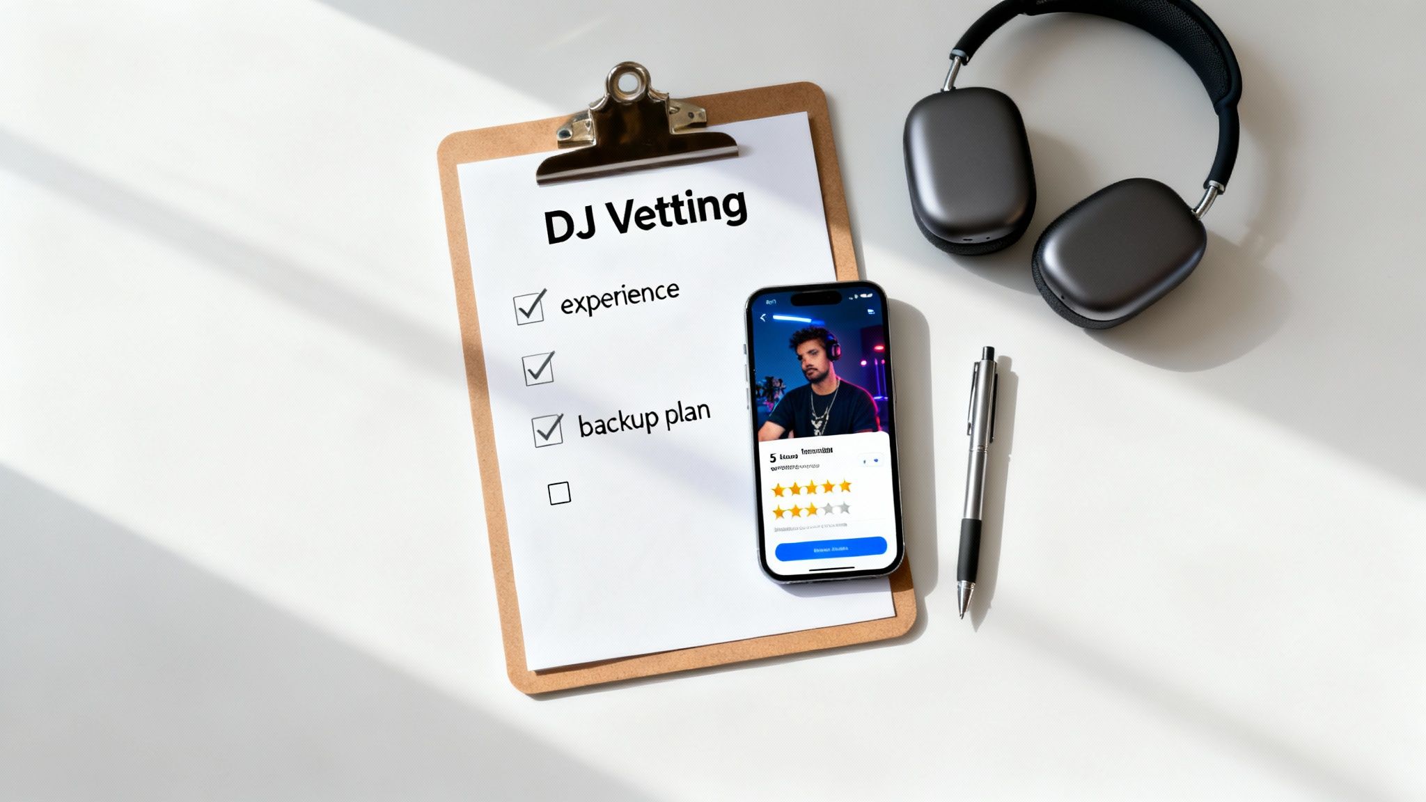 DJ vetting checklist with experience and backup plan items checked, smartphone showing five-star ratings