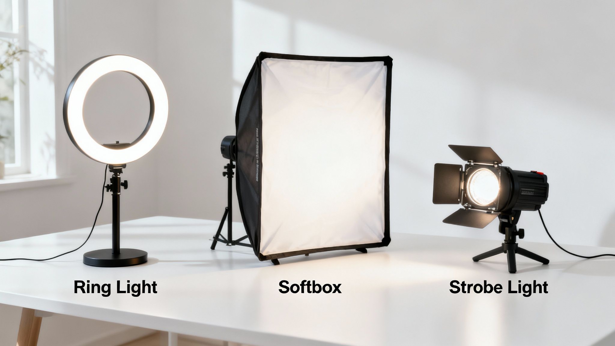 A person adjusting a large ring light for a photo booth.