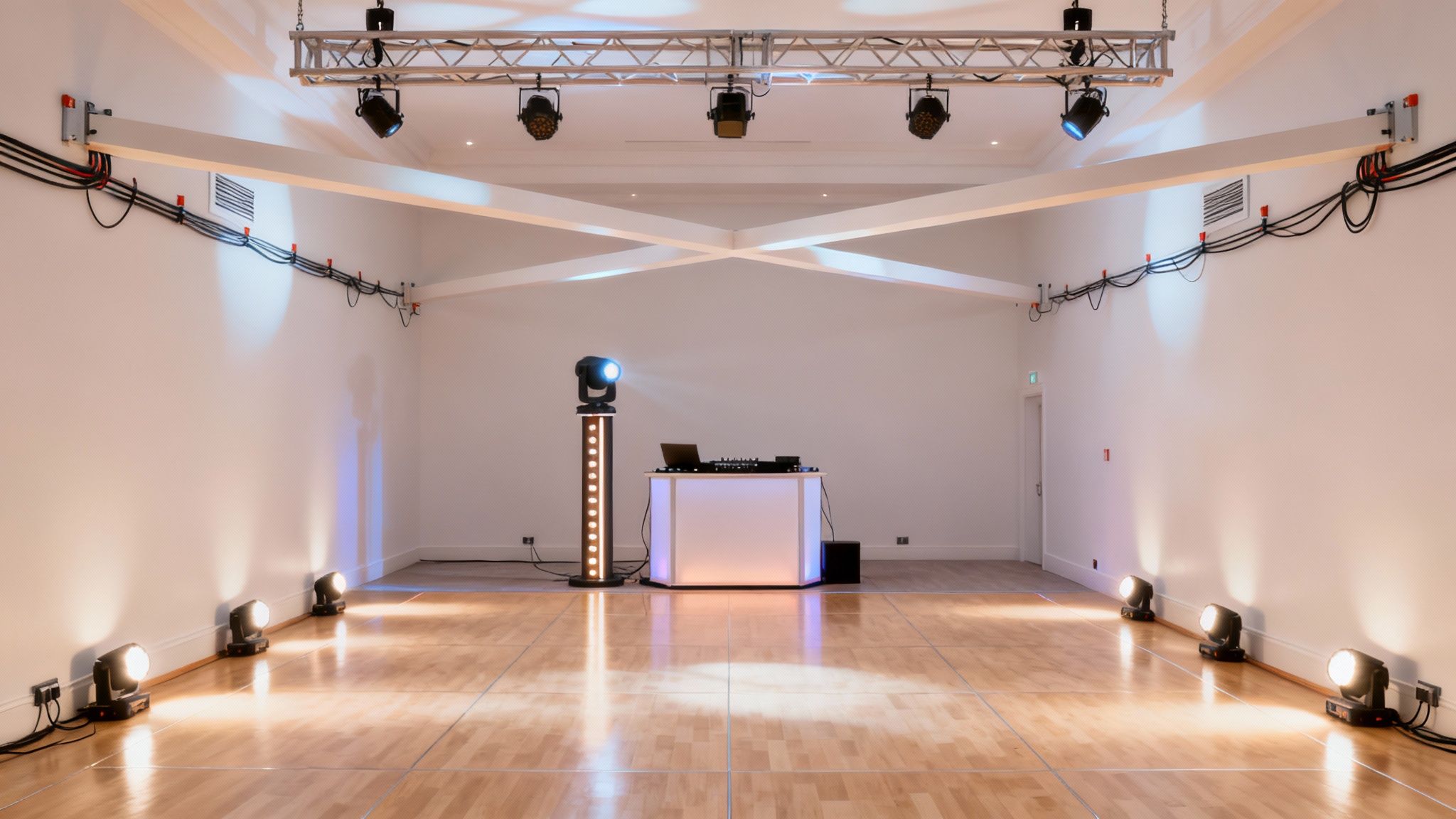 A professional event setup with overhead lighting trussing over the dance floor.
