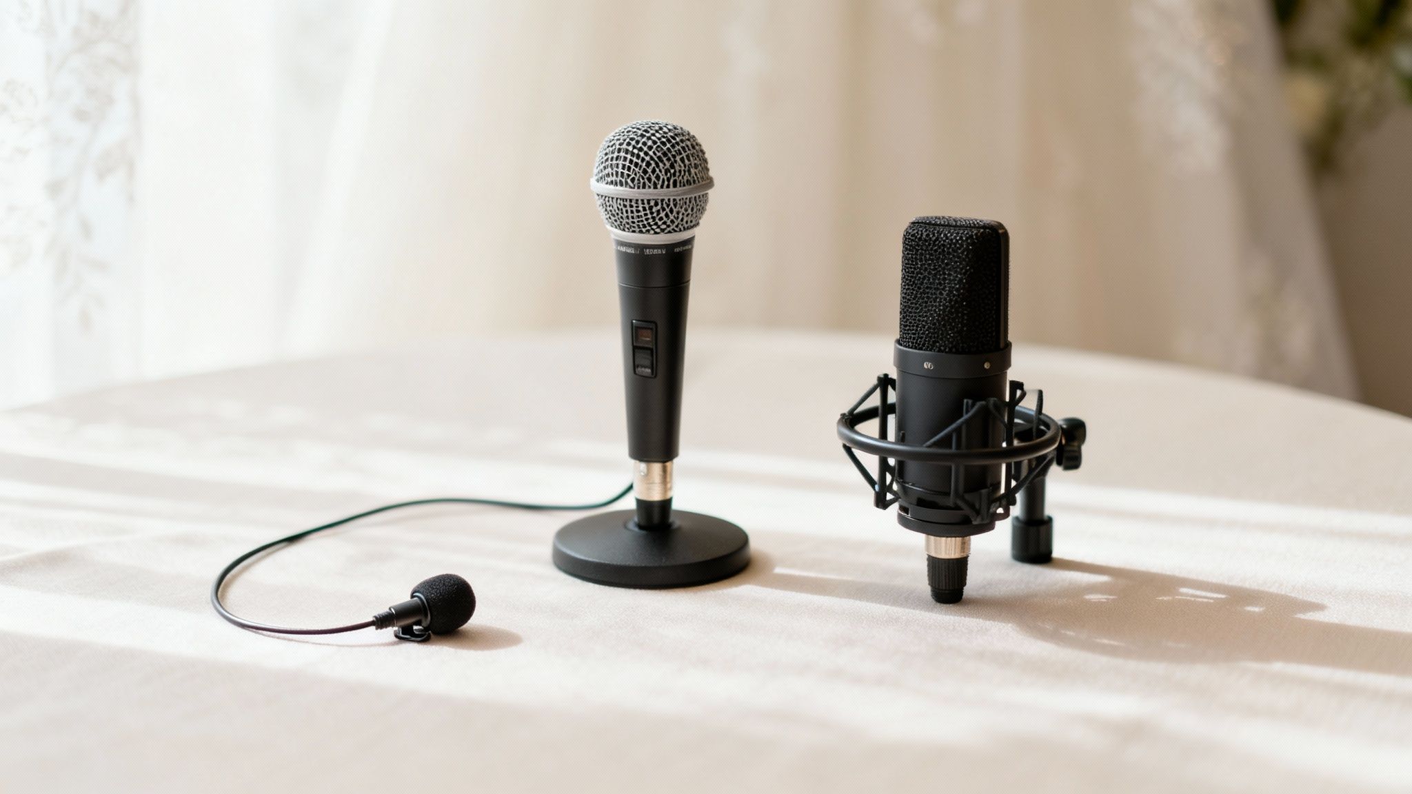 Three different microphones, including handheld, condenser, and lavalier, on a white tablecloth.