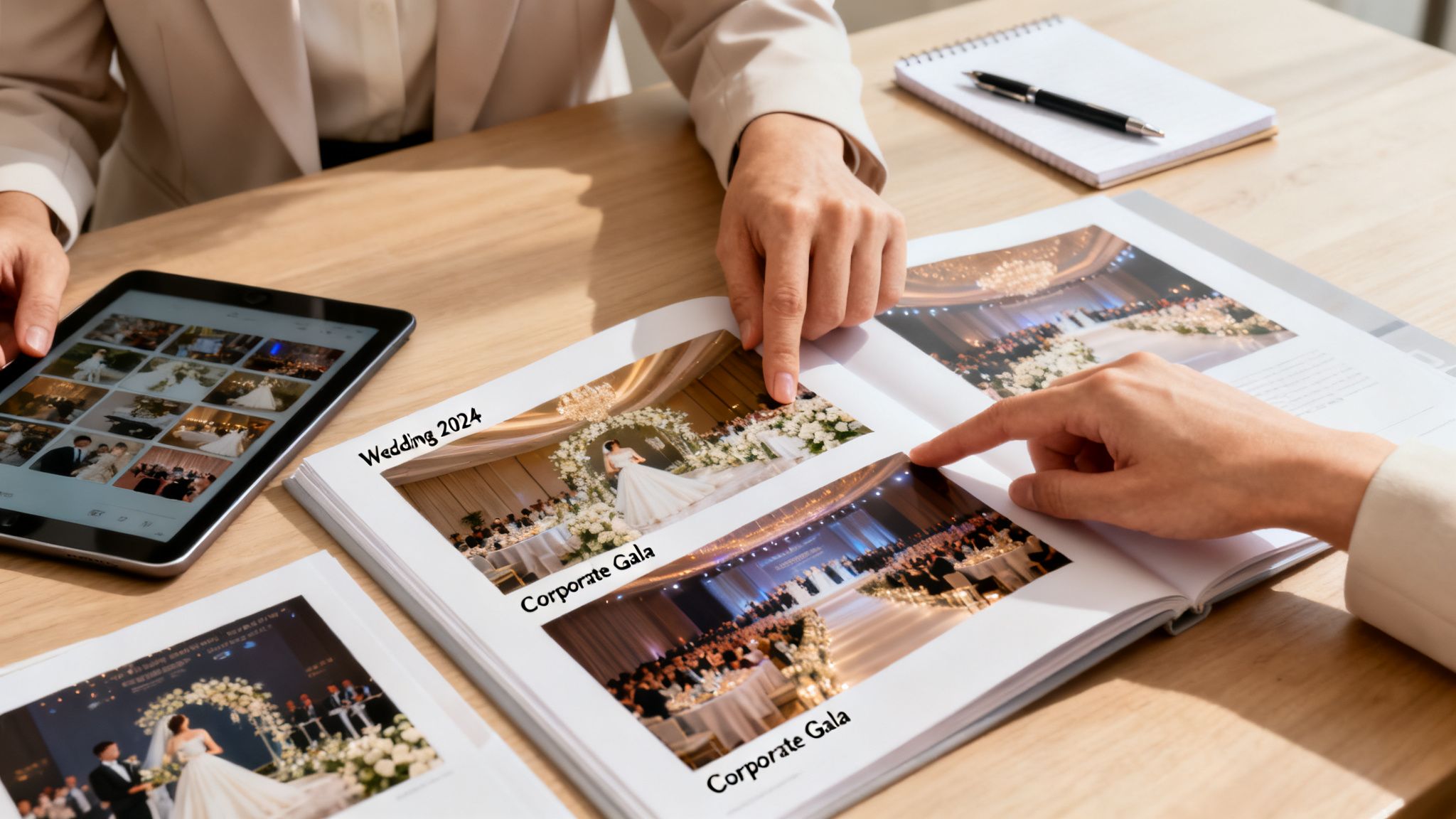 Hands review event photos in a physical album and digital tablet, showcasing weddings and corporate galas.