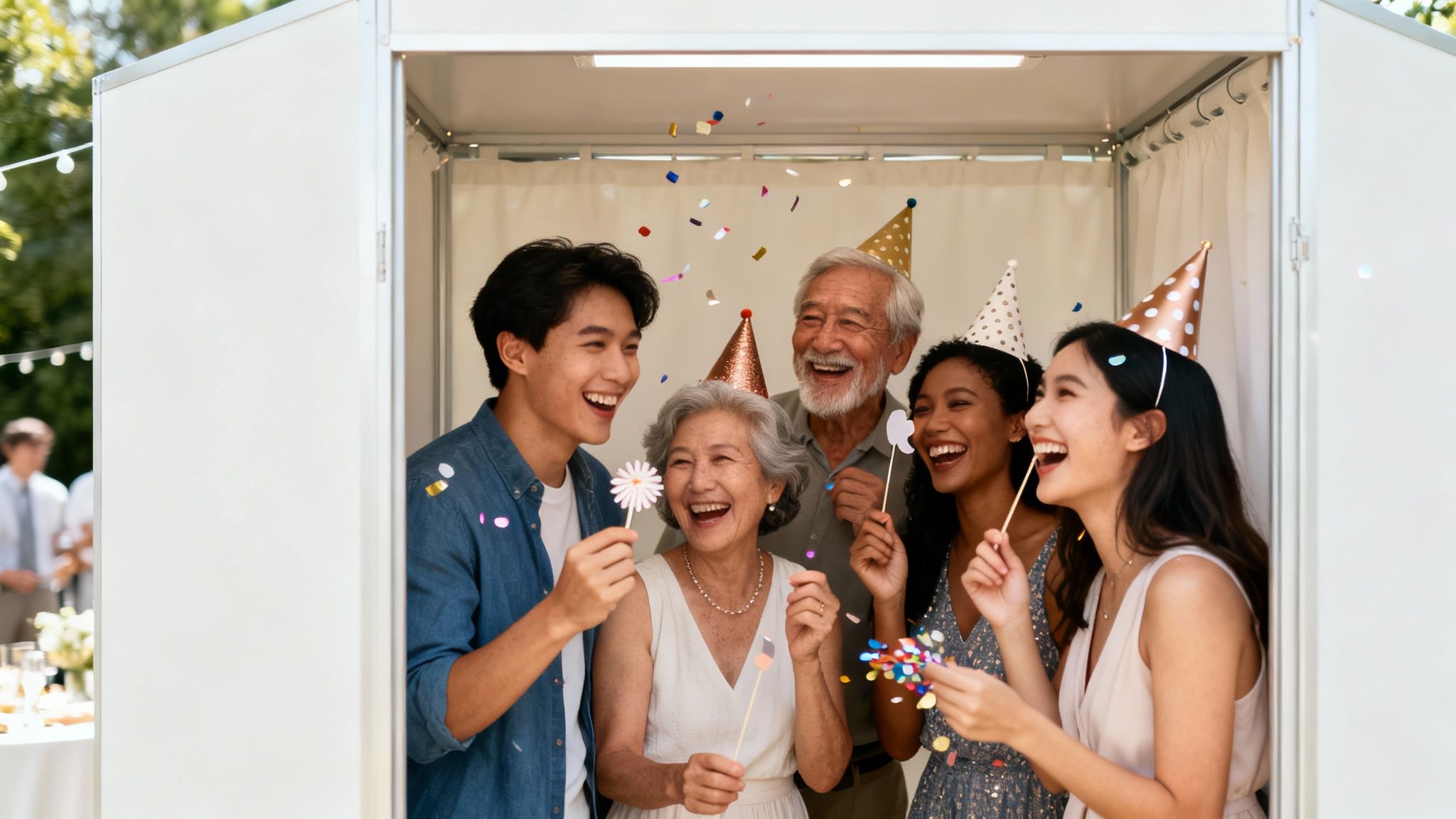 A diverse group of joyful multi-generational friends celebrating with party hats and confetti in a photo booth.