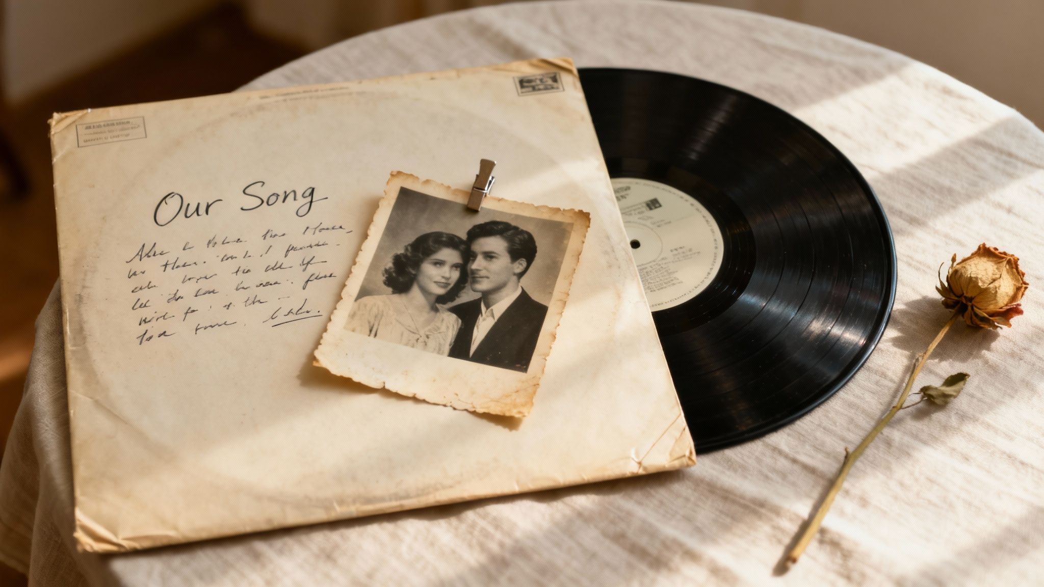 A nostalgic scene with a vintage vinyl record sleeve titled 'Our Song', a couple's photo, and a dried rose.