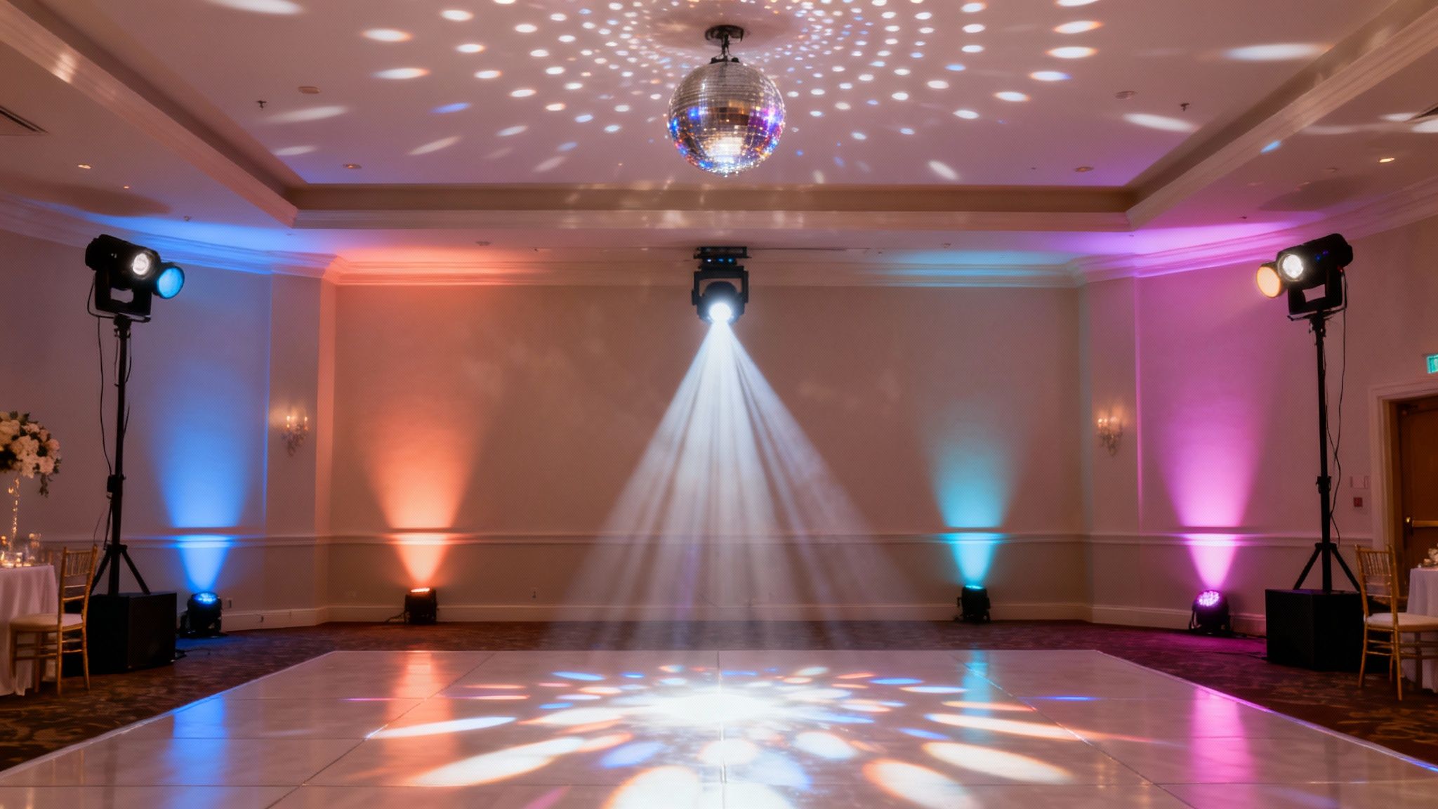 Two people dancing on a dark wedding dance floor illuminated by blue and pink DJ lights