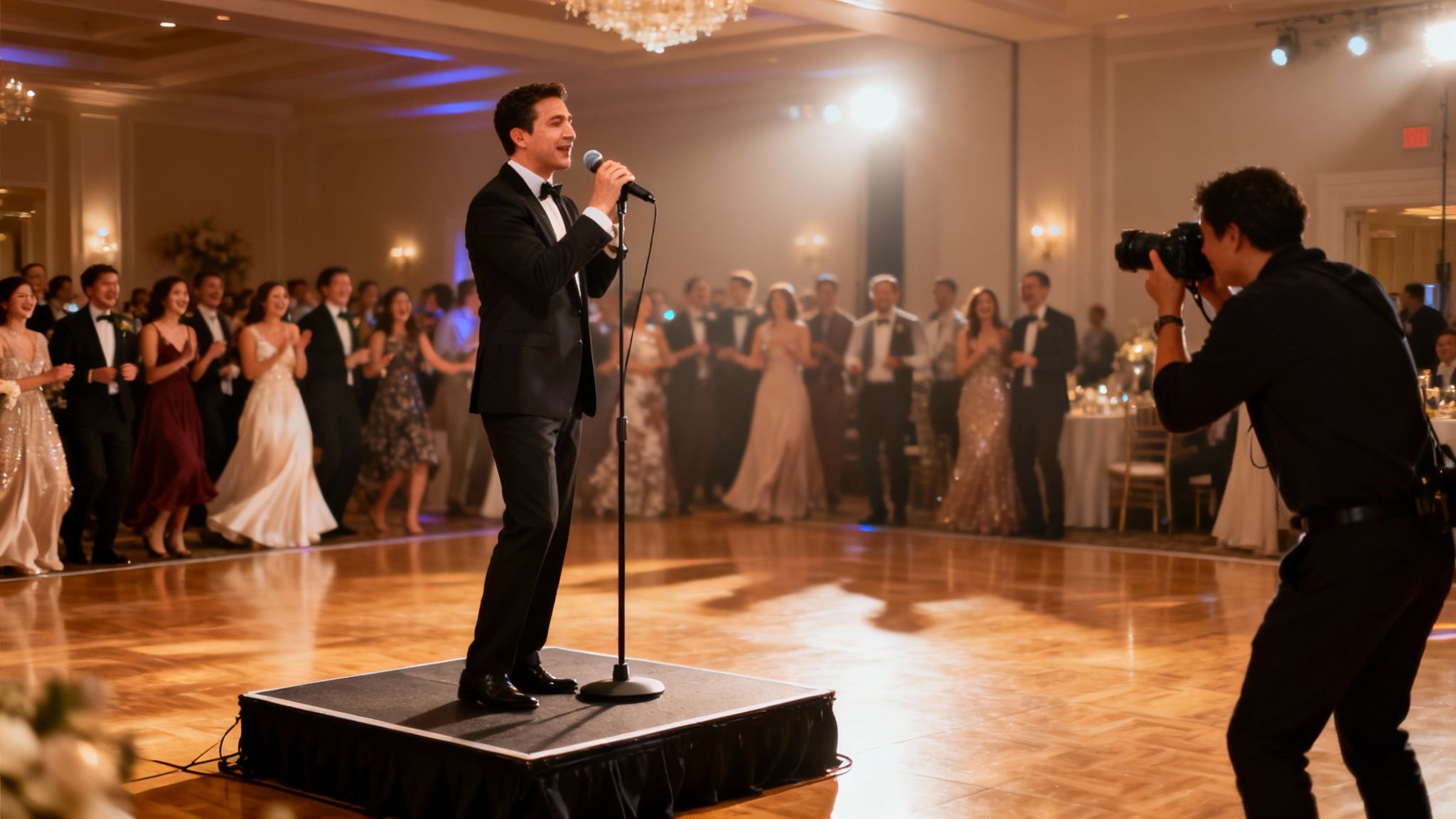 A male singer in a tuxedo performs on stage with a microphone for guests at a formal event, while a photographer captures the scene.