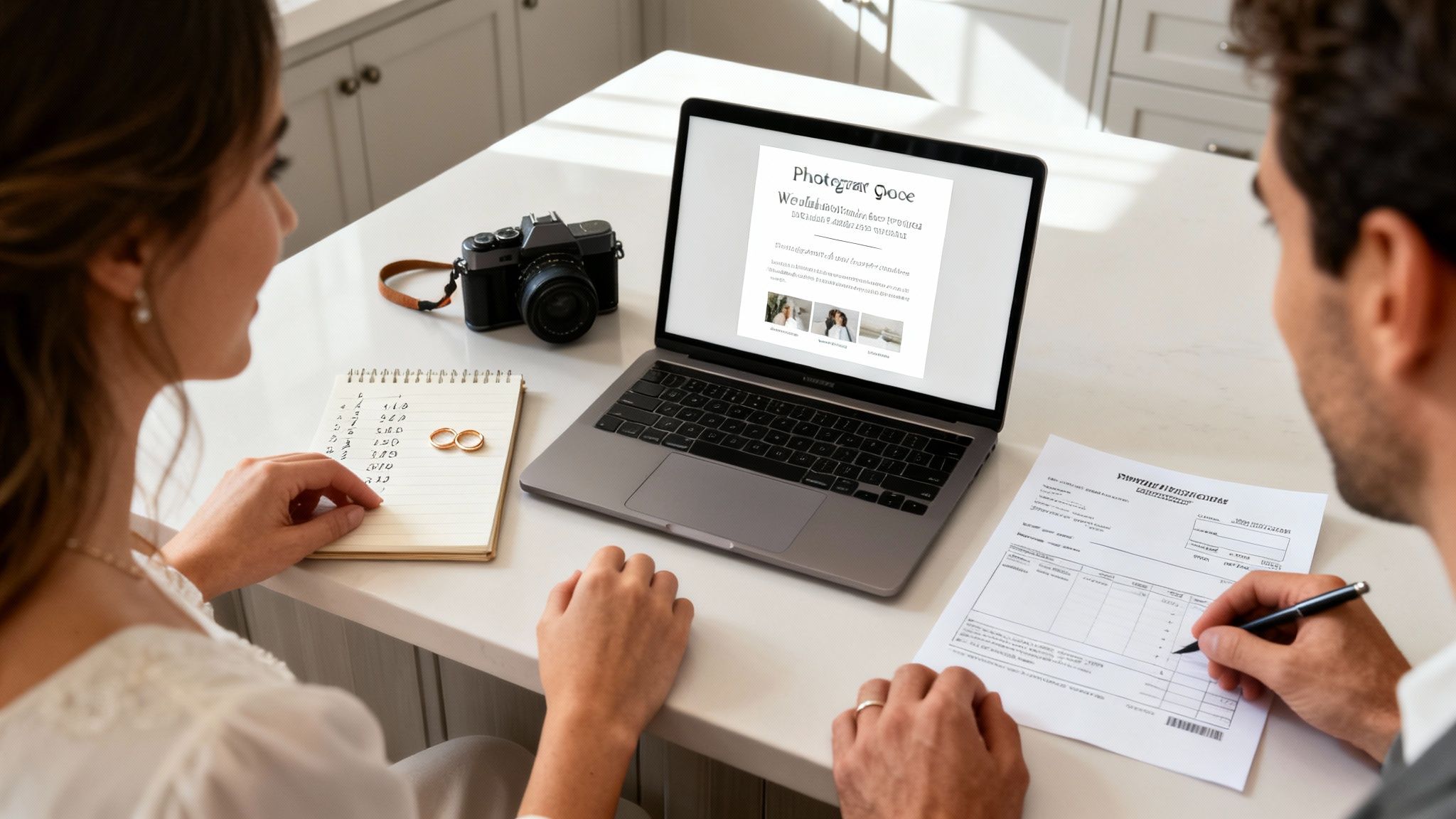 A couple sits at a table, planning their wedding budget, reviewing a photography quote on a laptop.