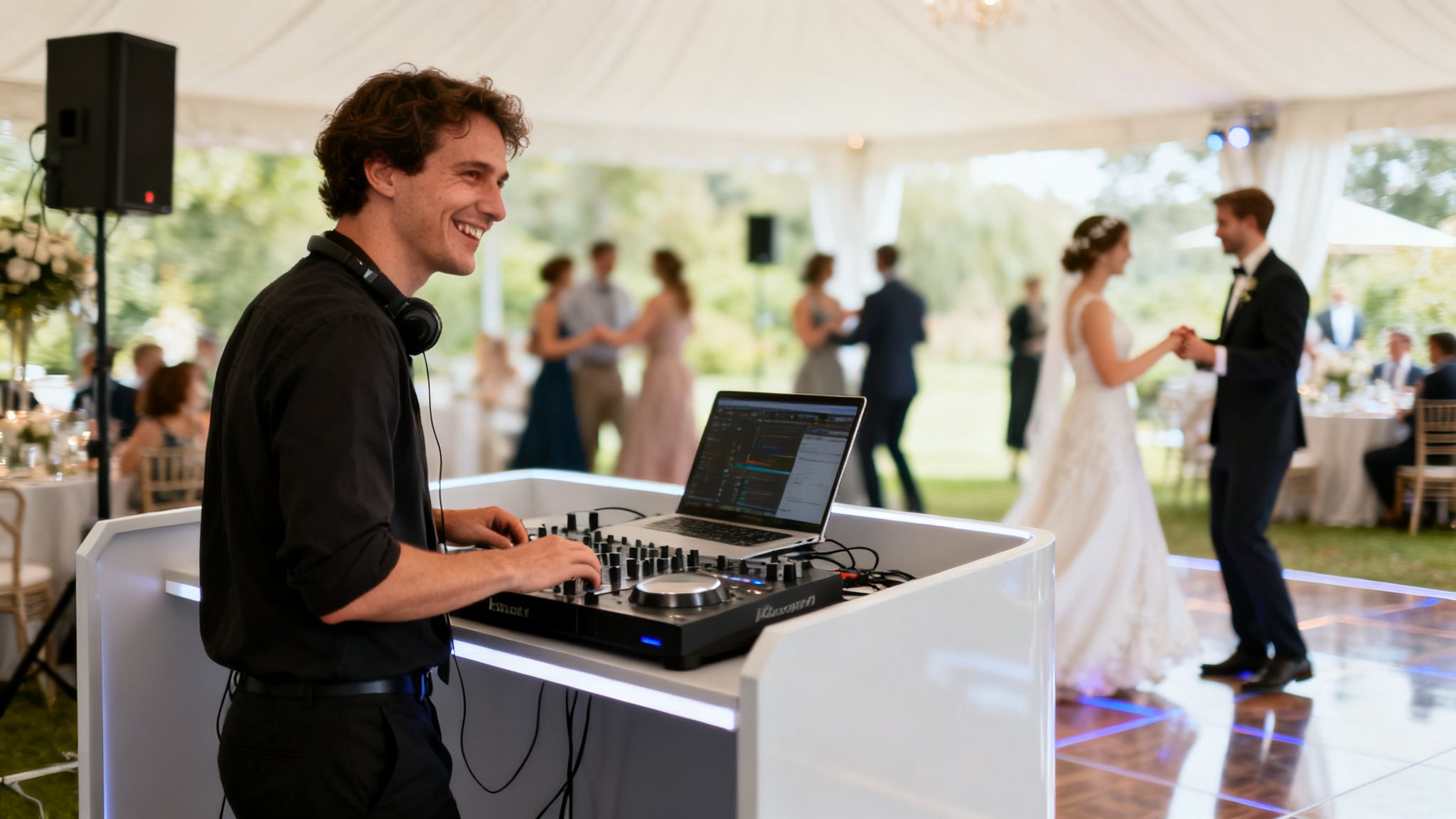 Smiling DJ plays music at an outdoor wedding reception with a dancing bride and groom.