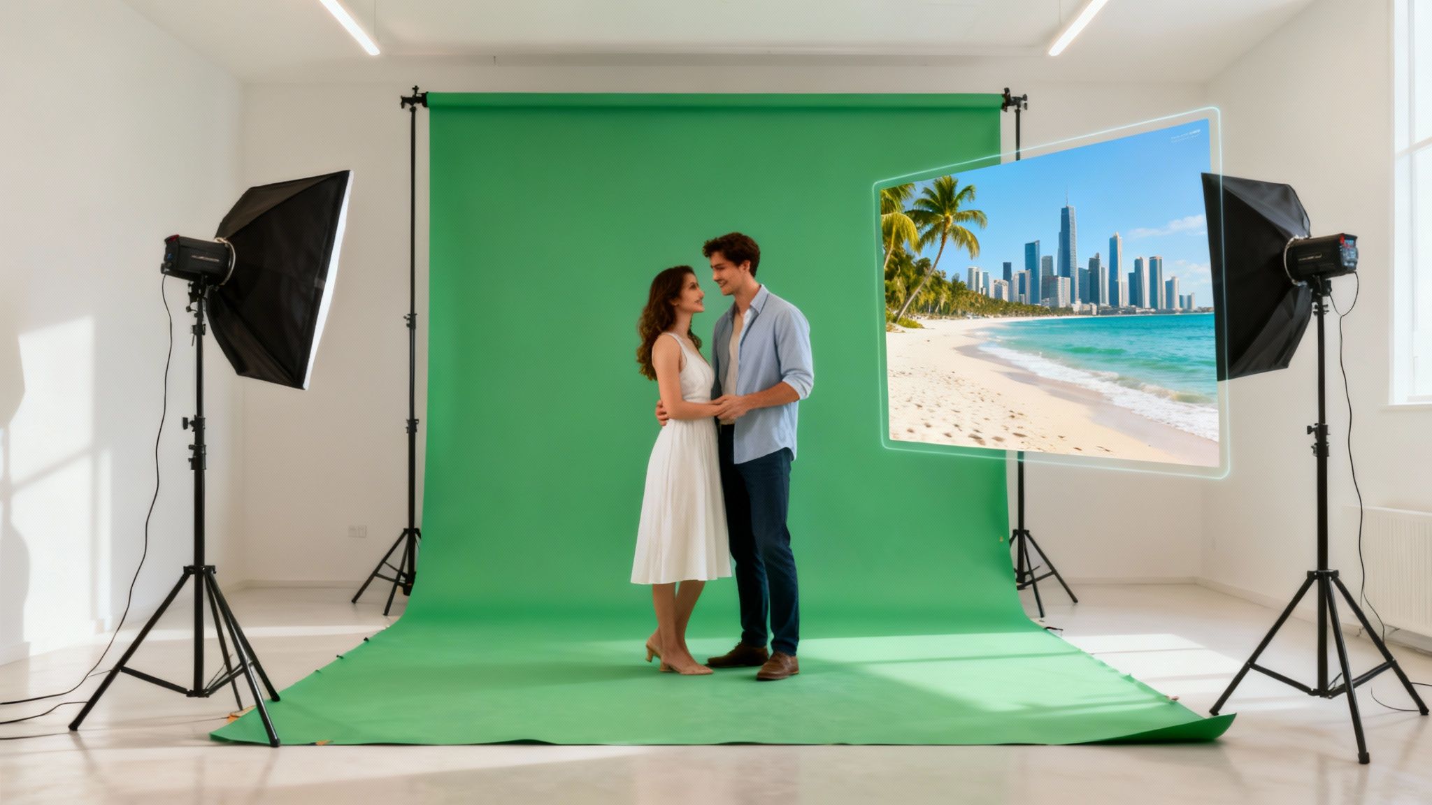 A couple poses in a photo studio with a green screen and virtual beach background.