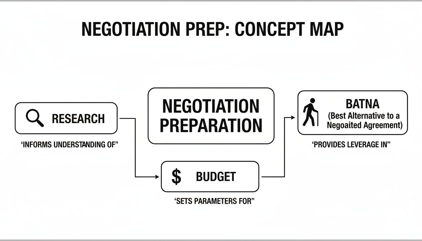 A concept map outlining negotiation preparation, including research, budget, and BATNA for leverage.