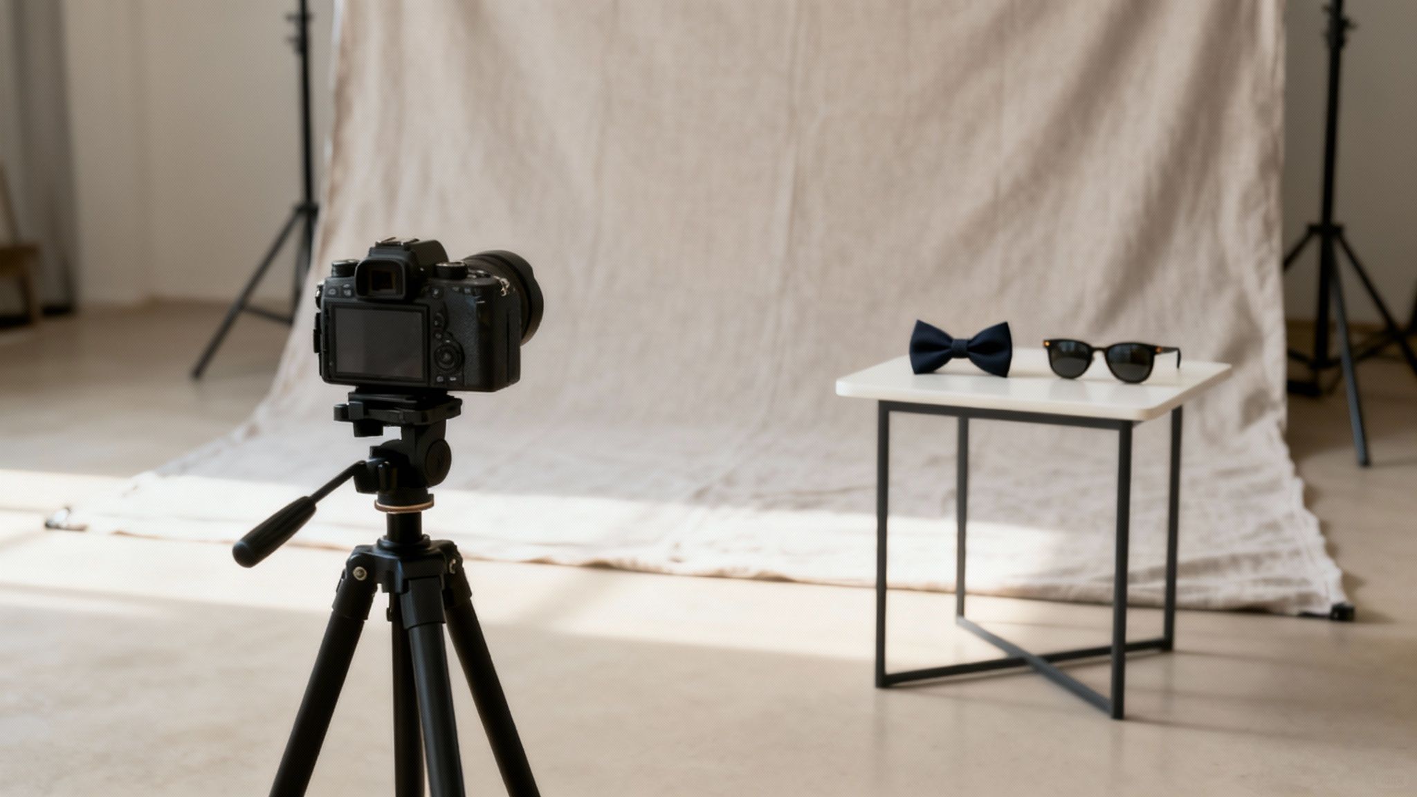 A modern photo booth camera setup with a ring light at an event.