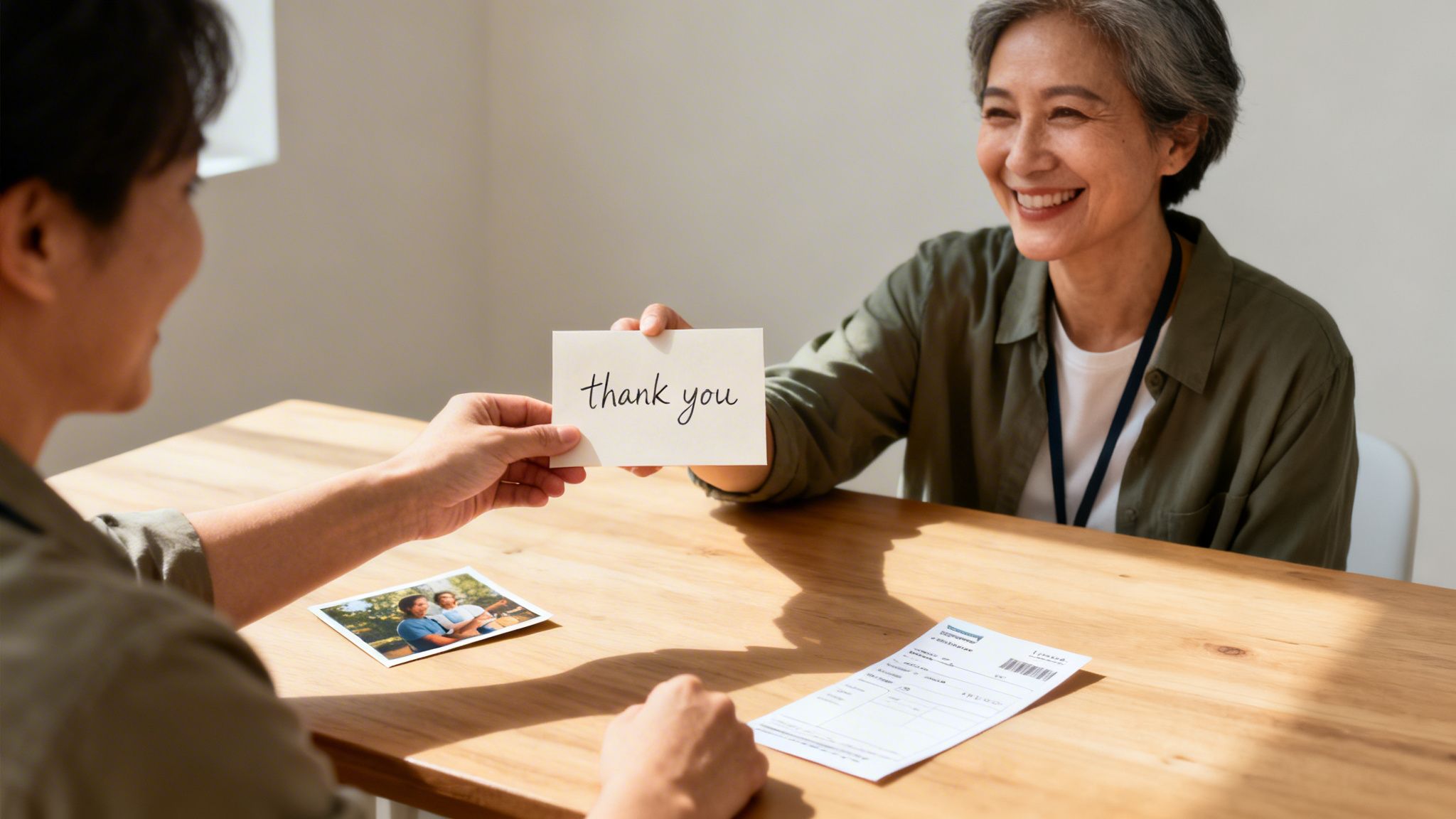 A person hands a "thank you" card to a smiling older woman at a wooden table.