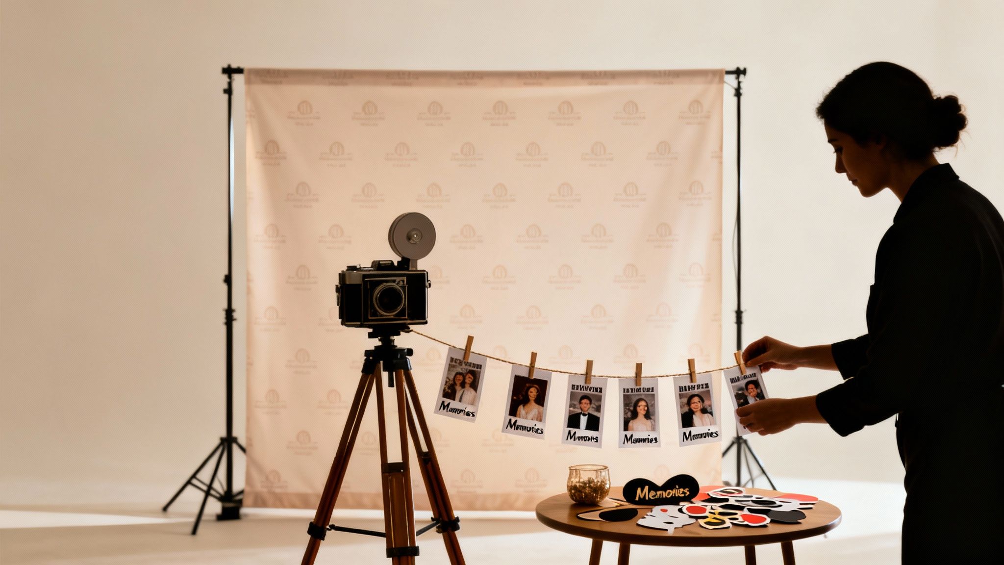 A woman hangs printed photos on a string next to an vintage camera setup and a "Memories" table.
