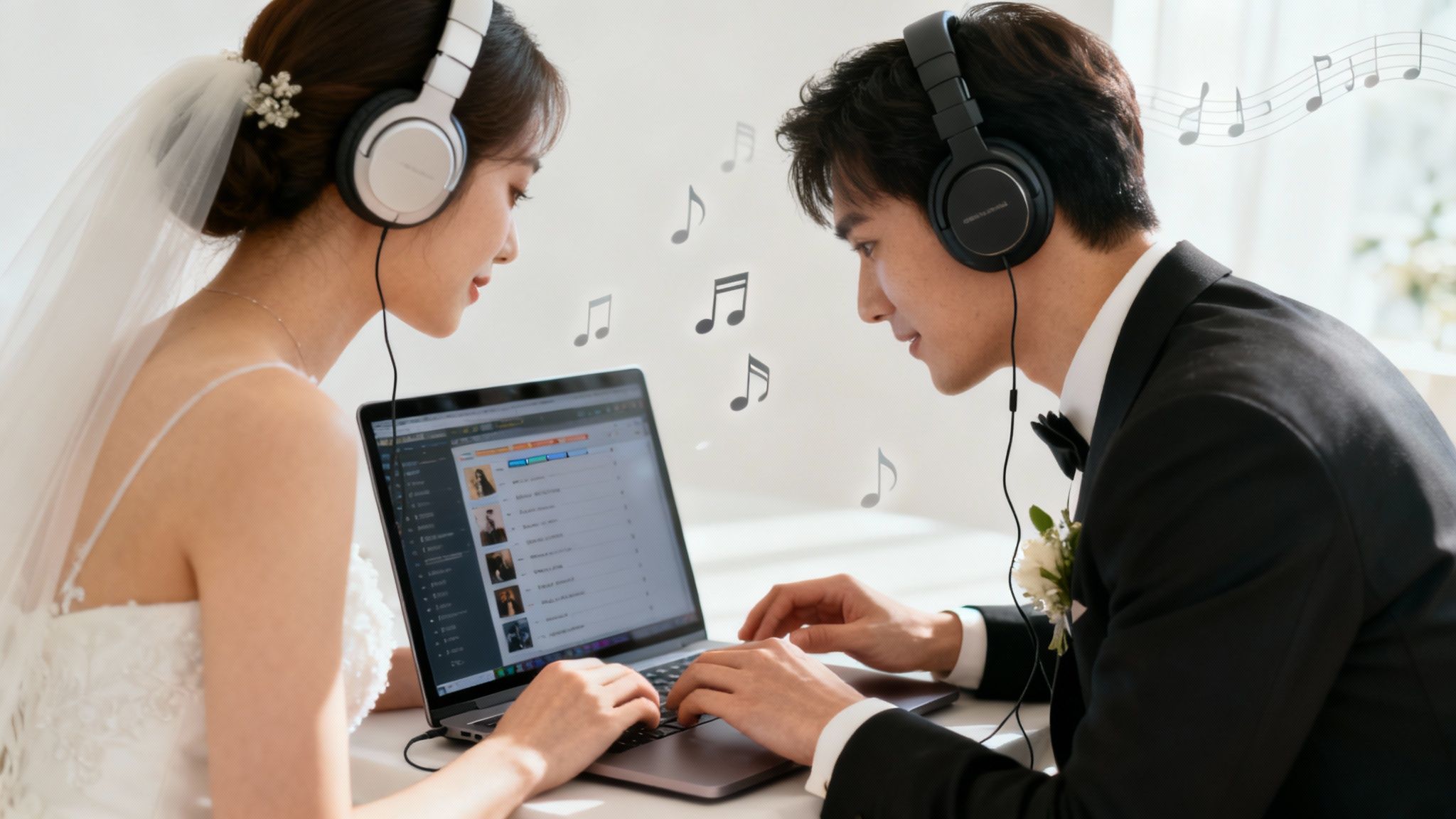 A couple excitedly discussing their wedding playlist with their DJ