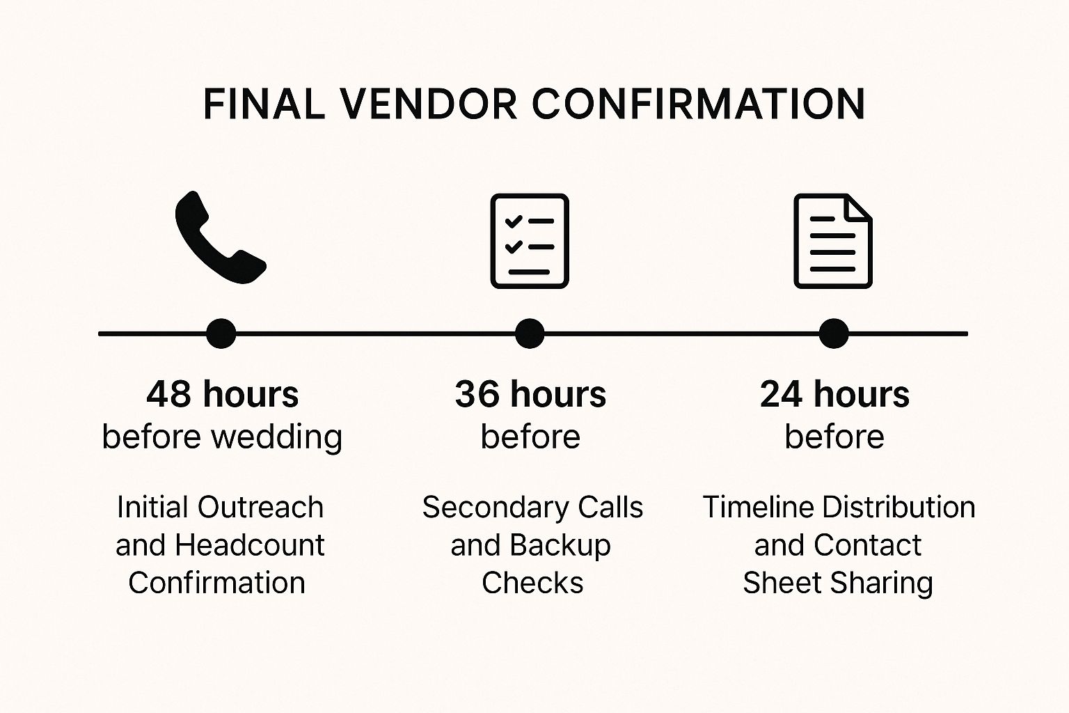 Infographic showing a timeline for final vendor confirmation. 48 hours before: initial calls and headcount checks. 36 hours before: secondary calls and backup checks. 24 hours before: distribute final timeline and contact sheet.
