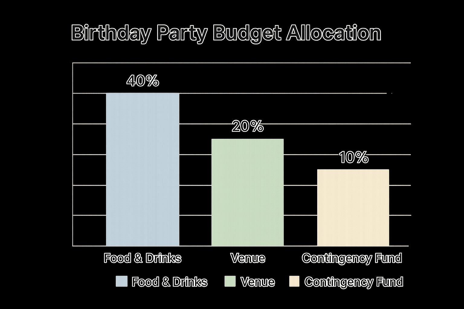 Infographic showing a bar chart of birthday party budget allocations for Food & Drinks (40%), Venue (20%), and a Contingency Fund (10%).