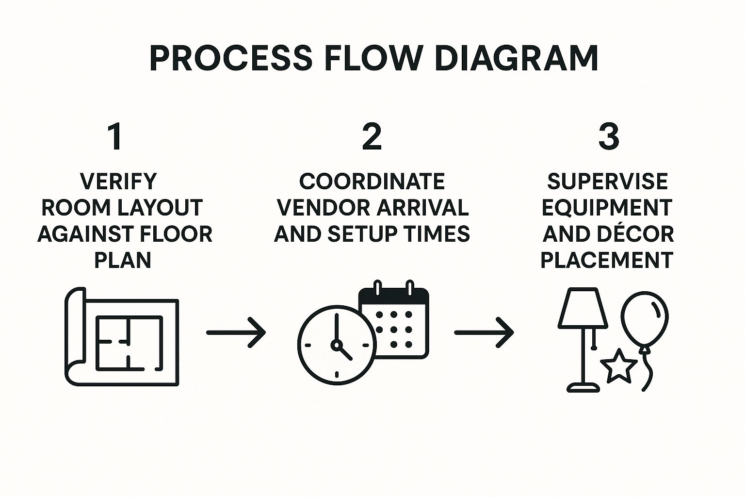 Infographic showing the process flow for venue setup coordination. Step 1: Verify room layout against floor plan with a blueprint icon. Step 2: Coordinate vendor arrival and setup times with a clock icon. Step 3: Supervise equipment and décor placement with a decorations icon.