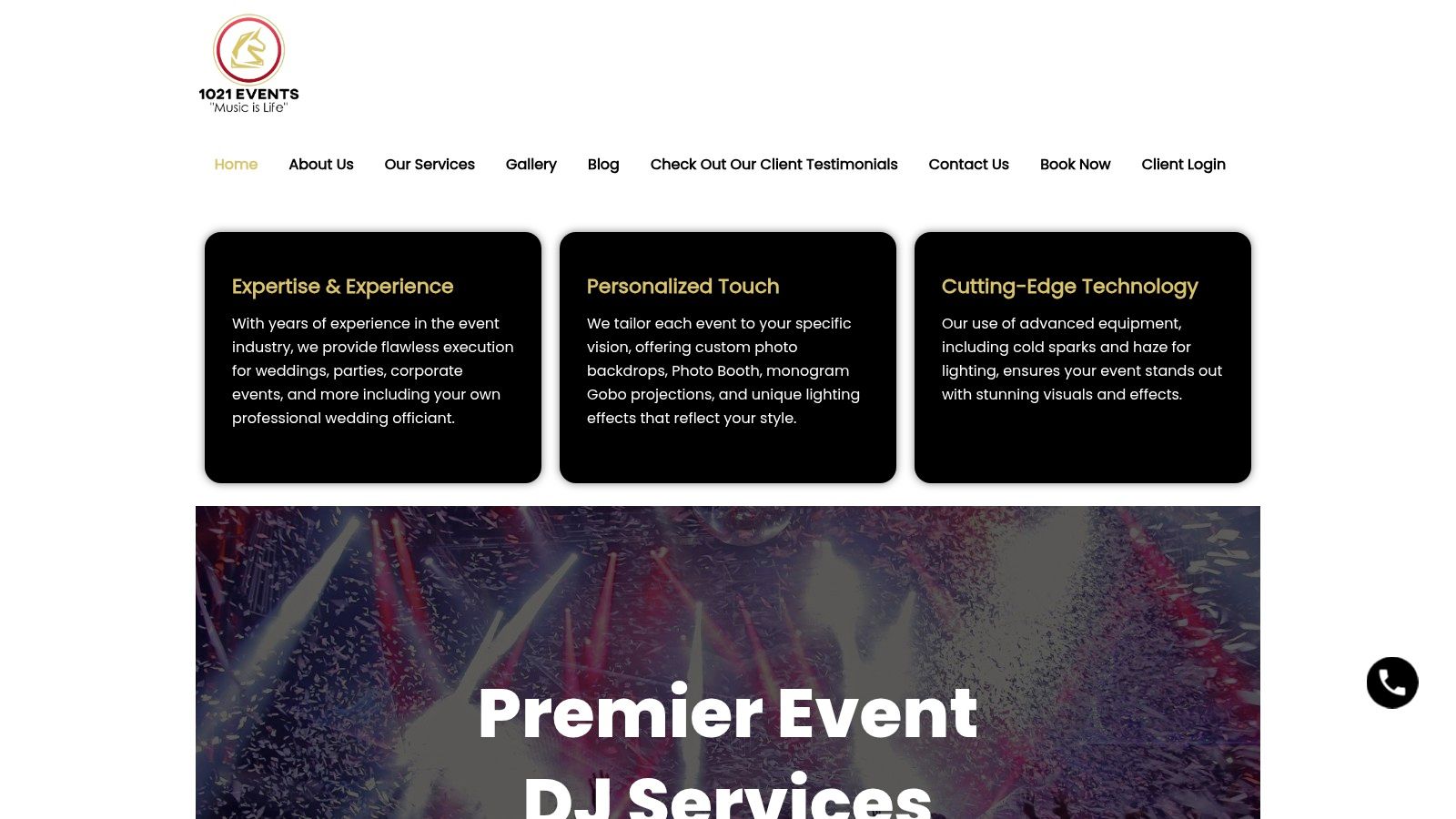 An array of event production services offered by 1021 Events, including DJ, lighting, photo booth, and special effects.