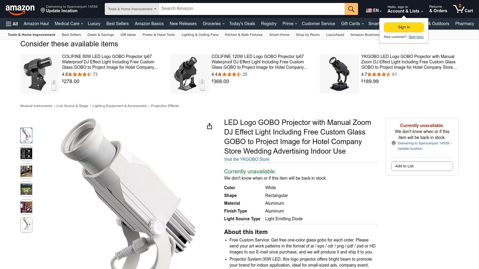 A white LED gobo projector from Amazon, suitable for custom monogram lighting.