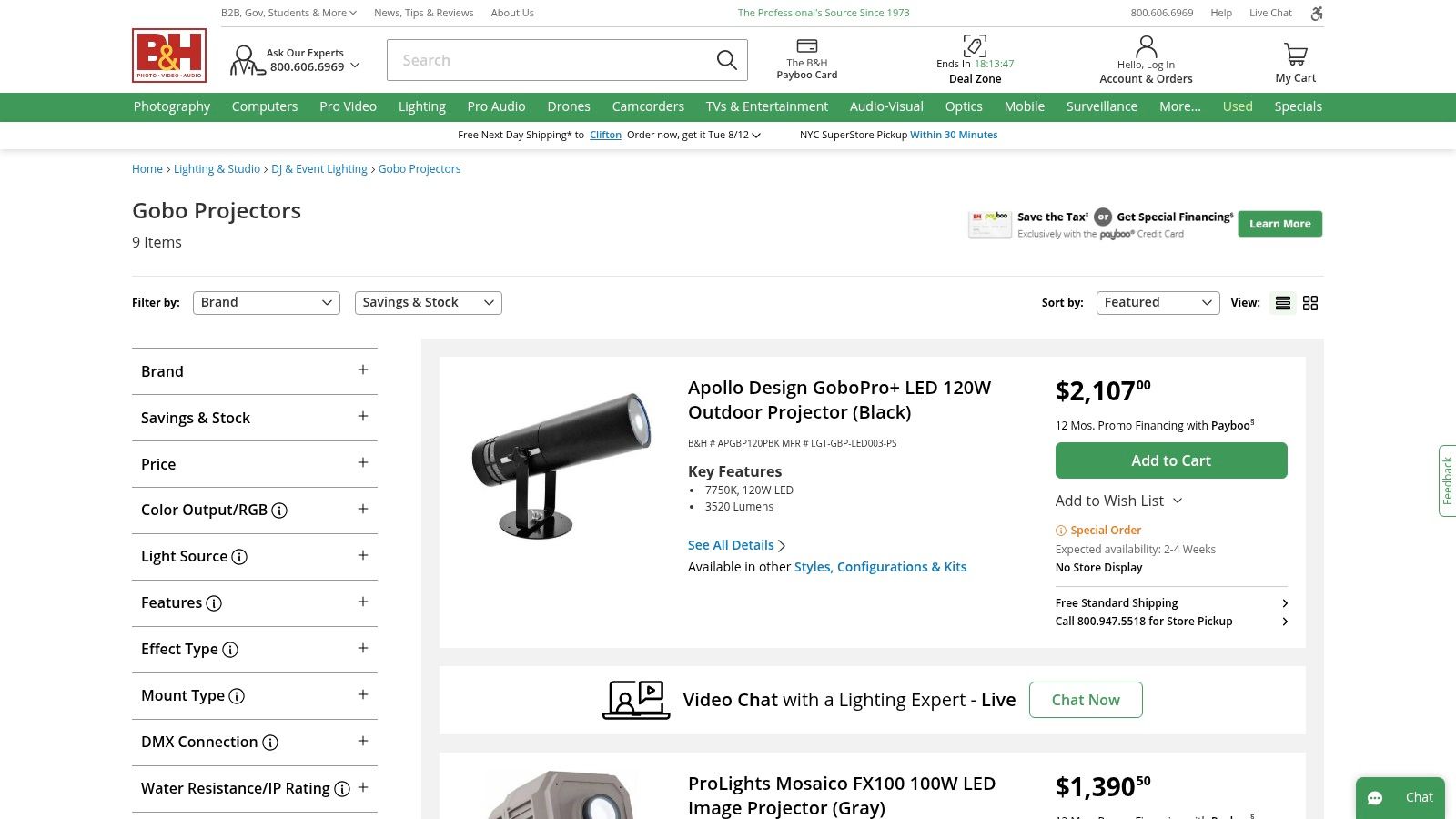 The B&H Photo Video website homepage showcasing various electronics and camera gear, representing their wide selection of products.