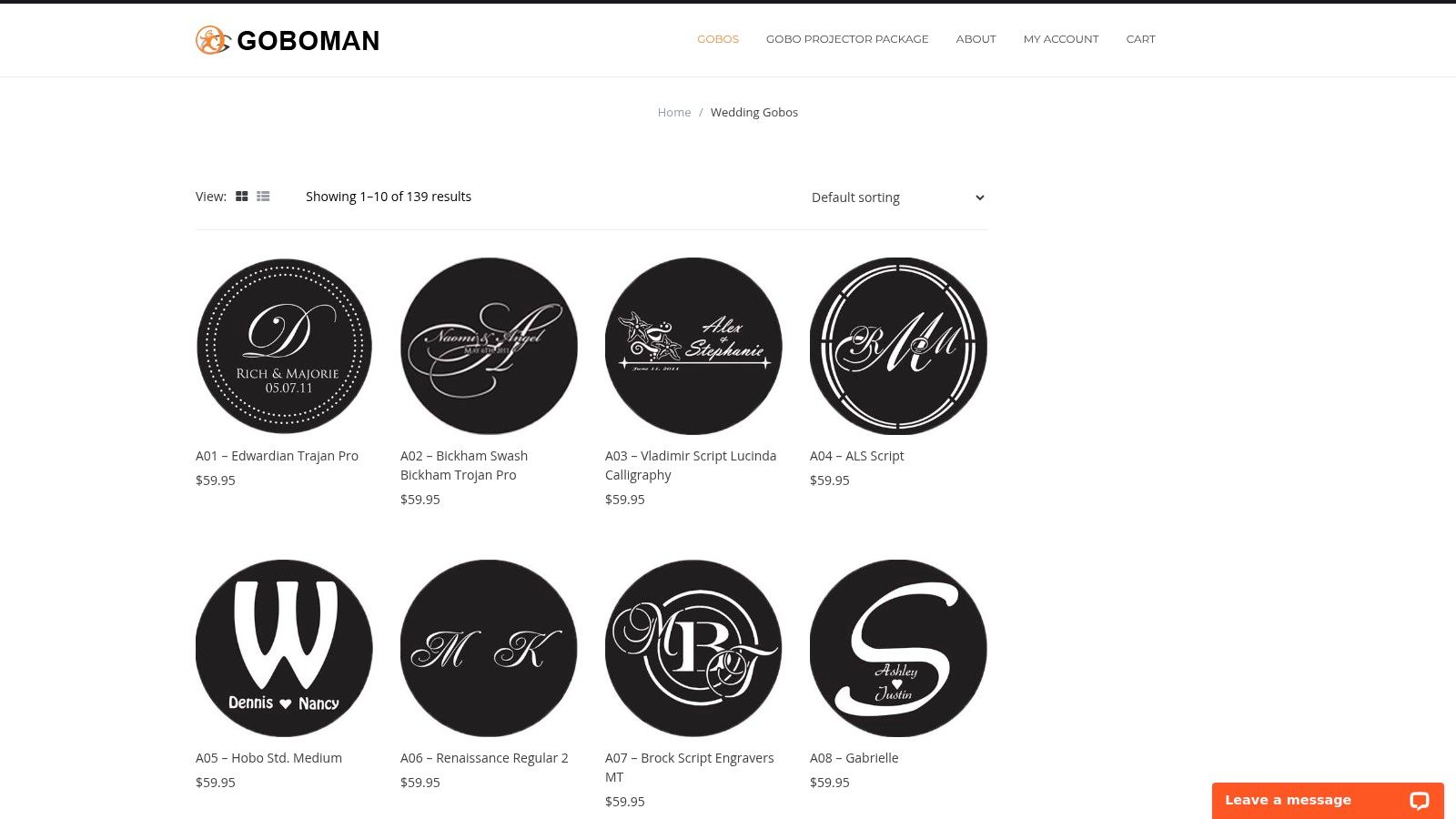 A screenshot of the GoboMan website, showing their selection of wedding gobo templates with various designs and styles.