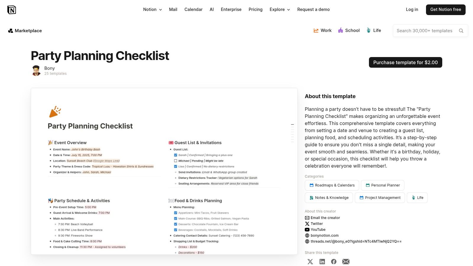 Notion – Party Planning Checklist Template