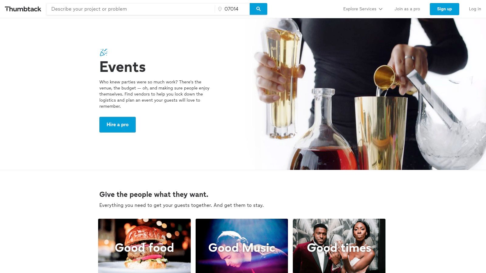 Thumbtack event bartending services page