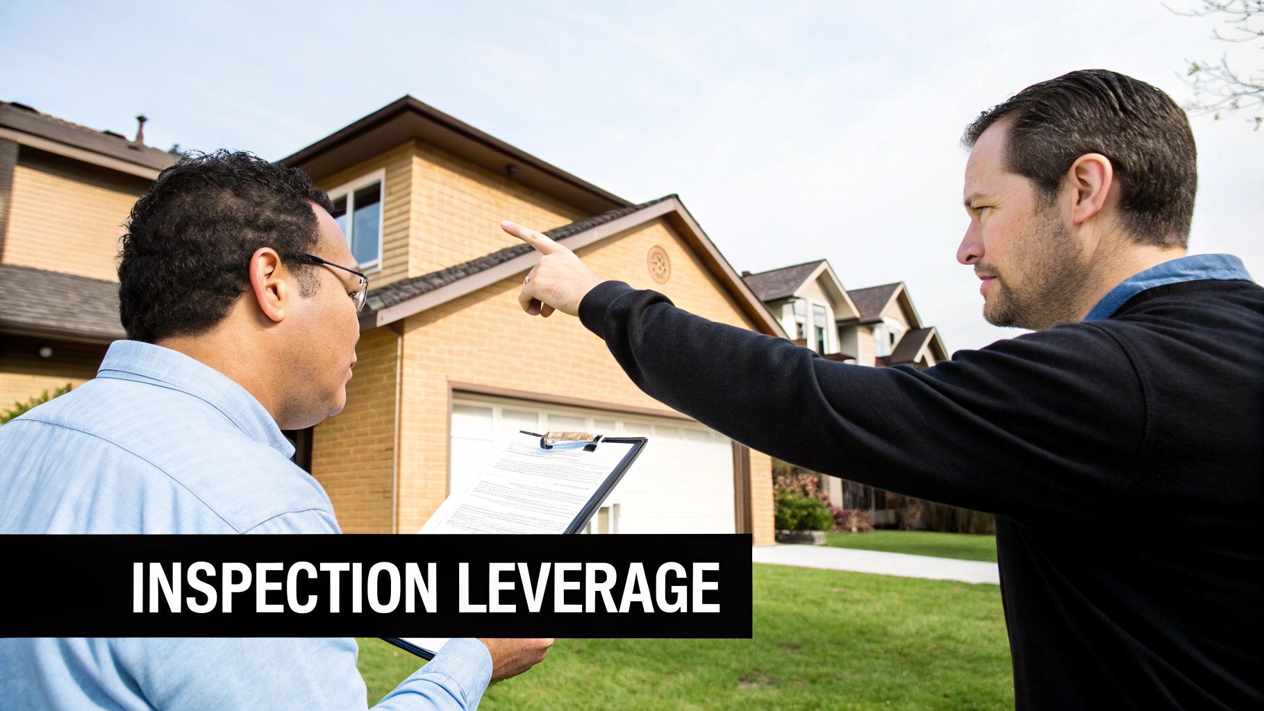 Two men, one pointing at a house and another holding a clipboard, during a home inspection.