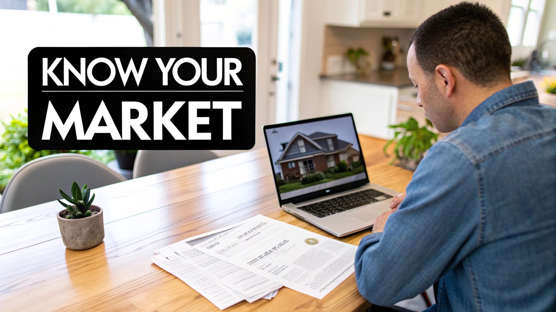 Man researching real estate market on laptop with house image and documents on a wooden table, text 'KNOW YOUR MARKET'.