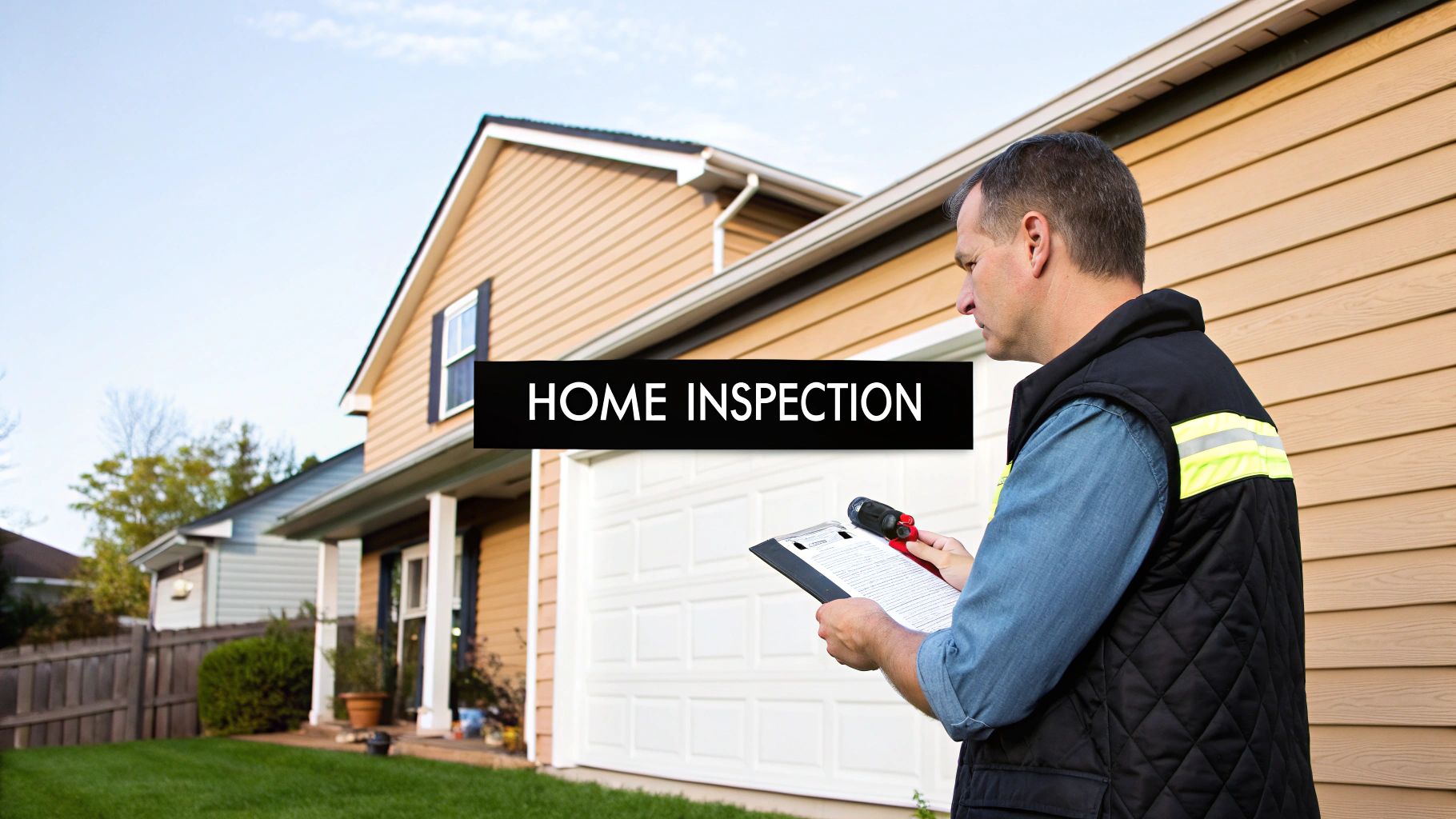 A home inspector in a safety vest holds a clipboard and flashlight, examining a house.