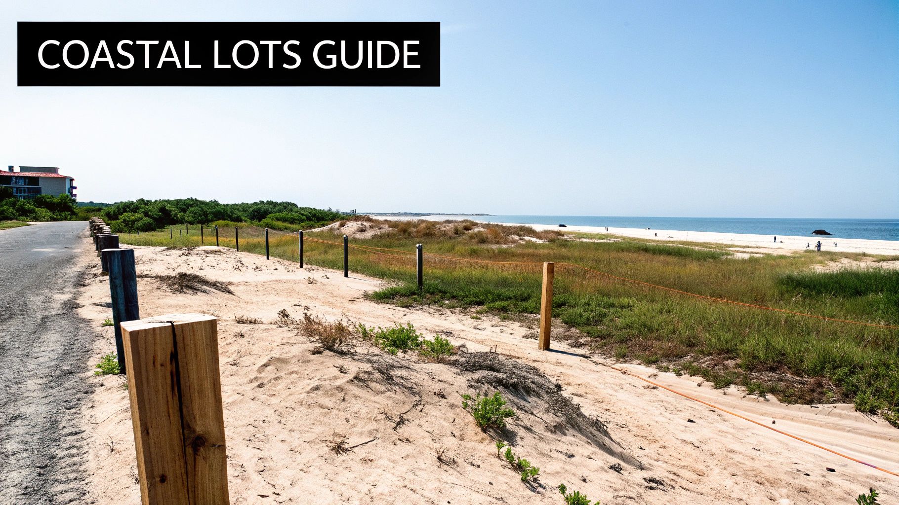 A guide to coastal lots with a sandy path, dunes, and the ocean under a clear sky.