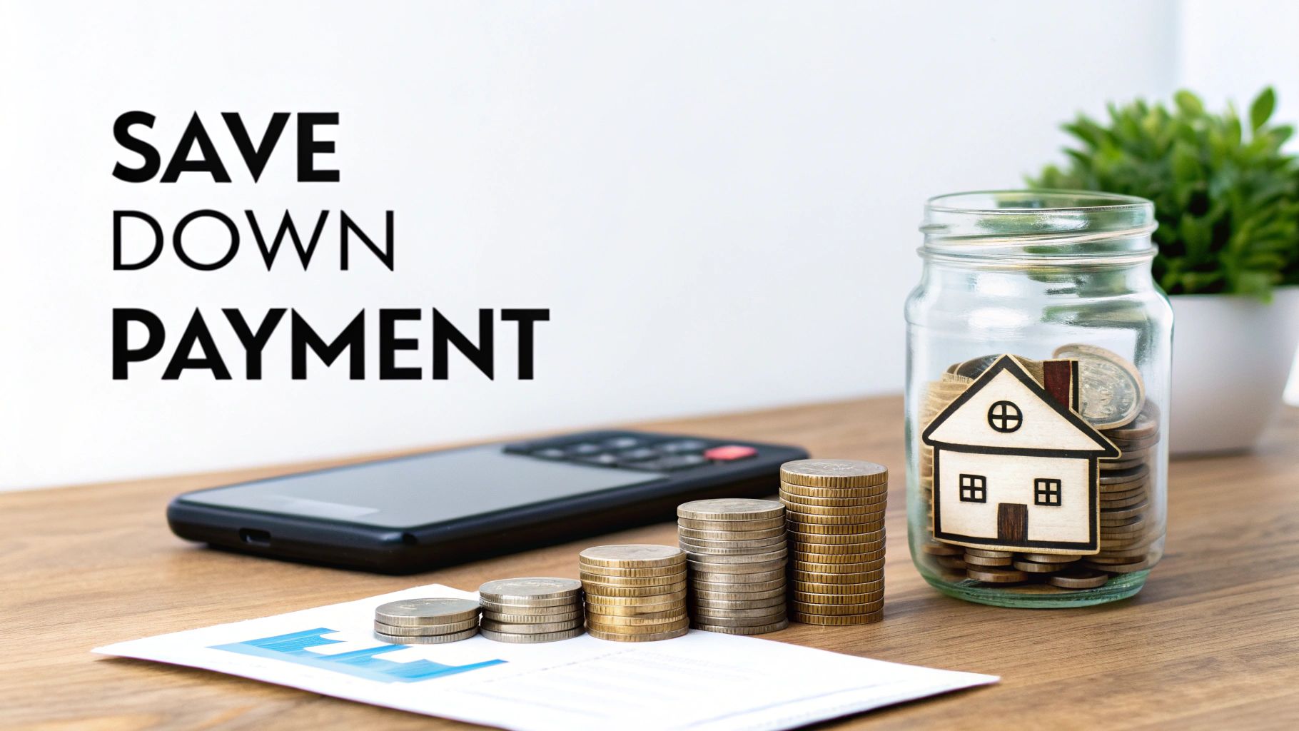 Coins stacked next to a jar with a house model, symbolizing saving for a down payment.