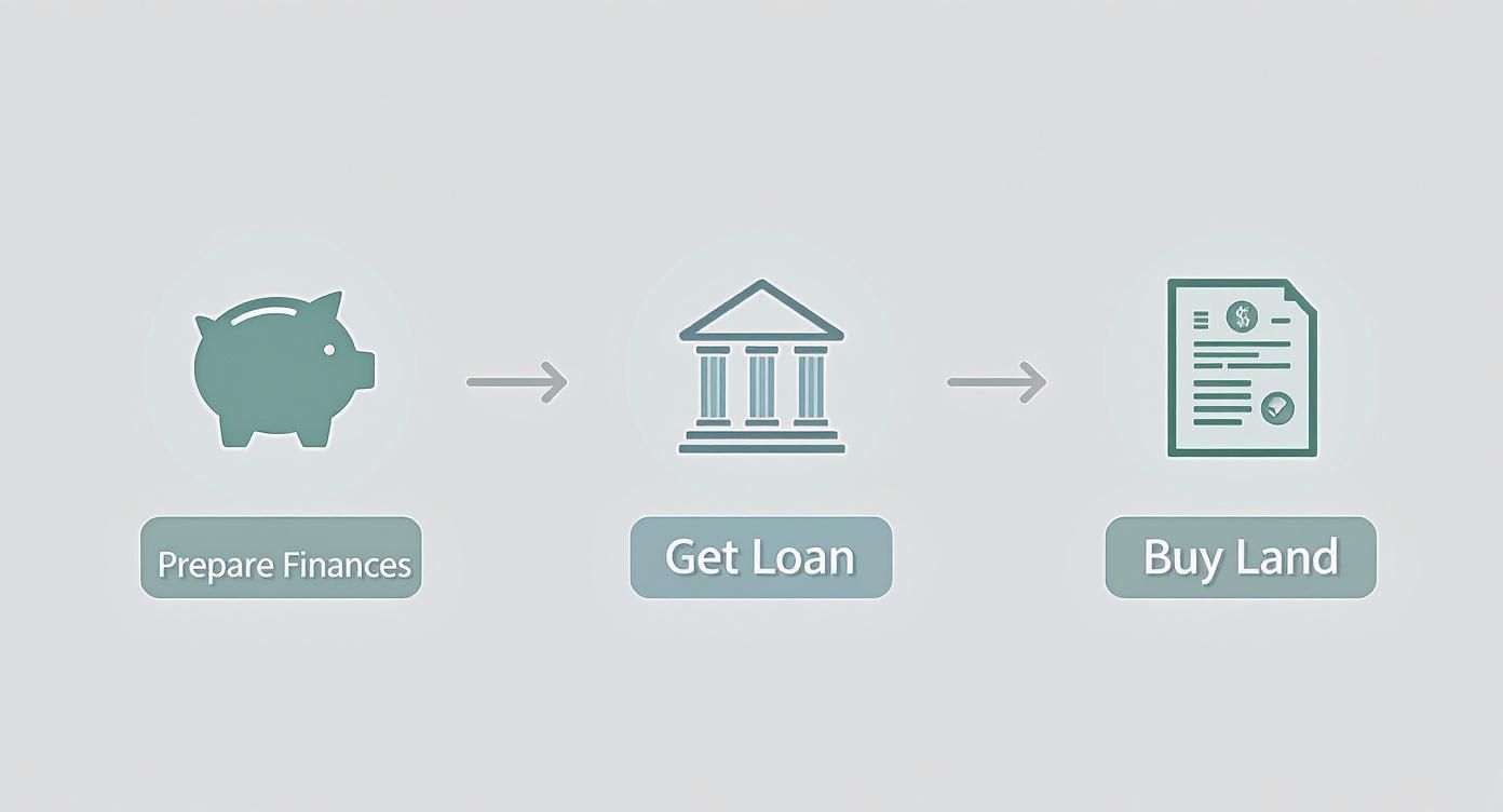 A three-step infographic showing the process of preparing finances, getting a loan, and buying land.