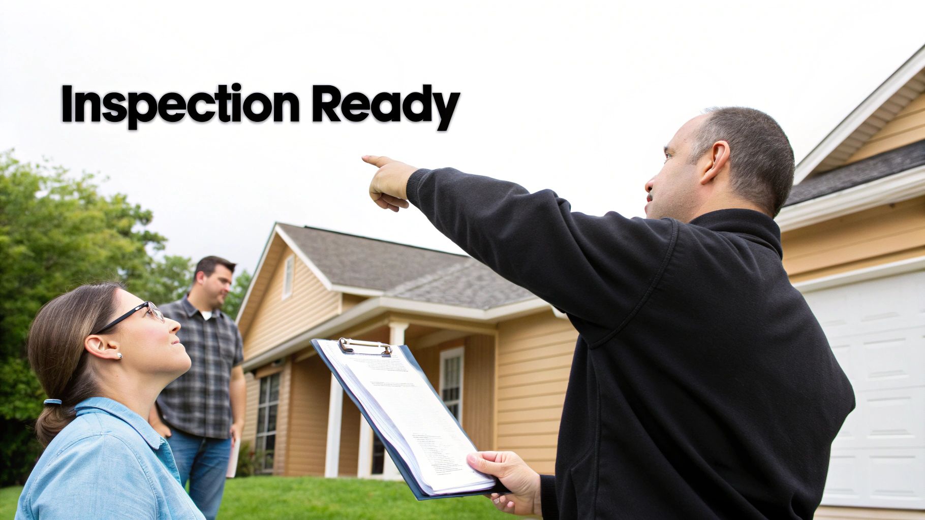 Home inspector points at a house, discussing details with a couple during an inspection.