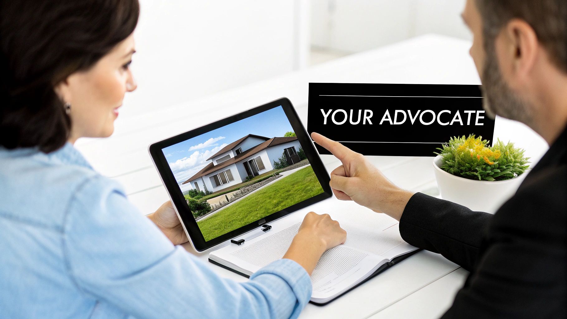 Two people reviewing a house on a tablet with a 'YOUR ADVOCATE' sign, discussing real estate.
