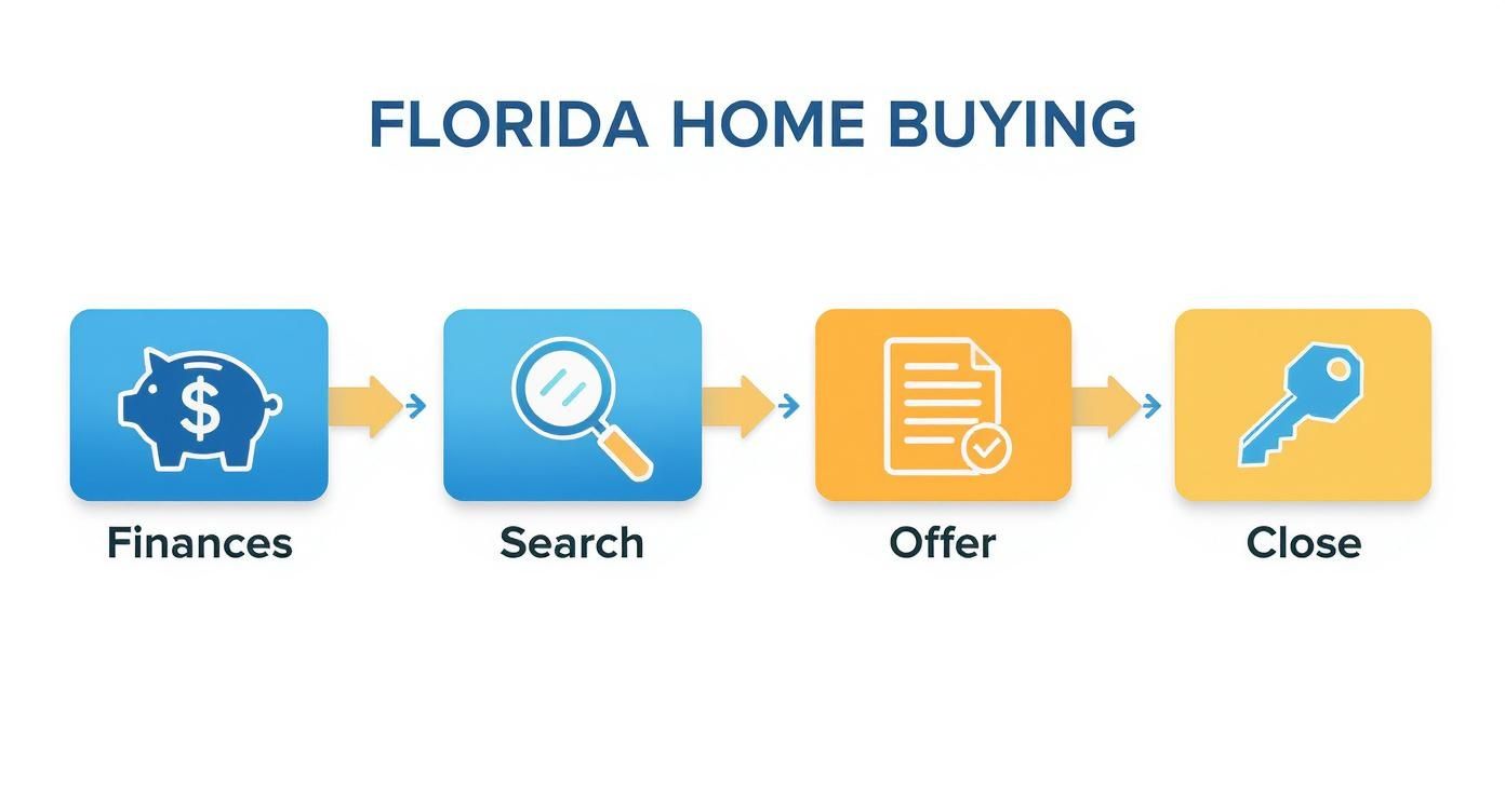 An infographic showing the four-step process of buying a home in Florida: Finances, Search, Offer, Close.