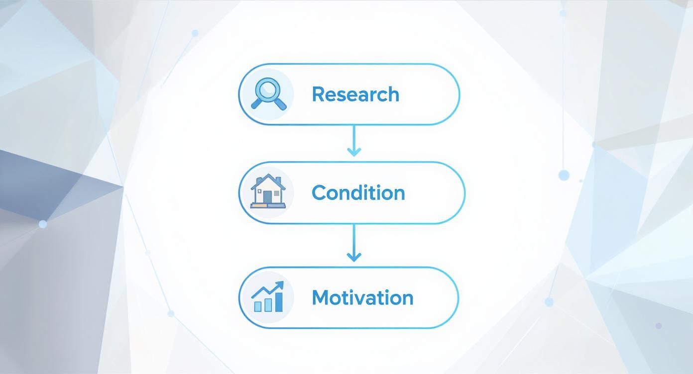 A vertical flowchart illustrating three steps: Research with a magnifying glass, Condition with a house icon, and Motivation with a bar chart.