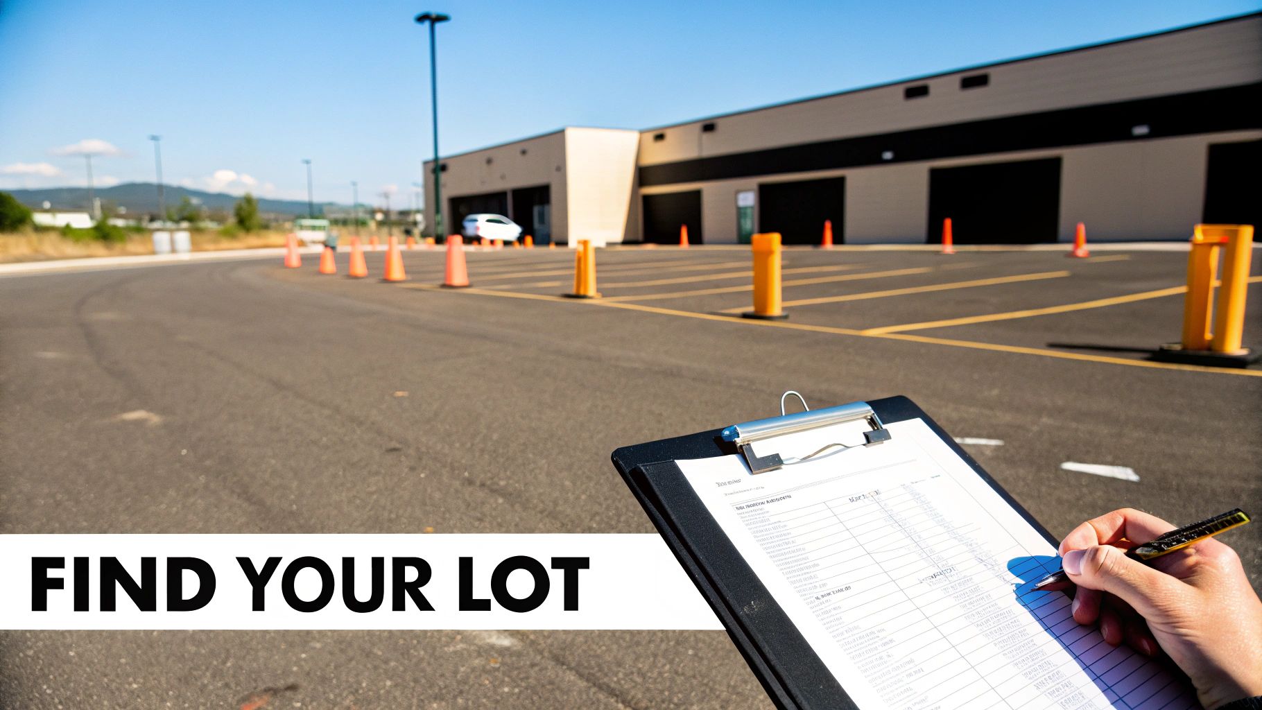 A person holds a clipboard and pen in a paved lot with orange cones and a building in the background.