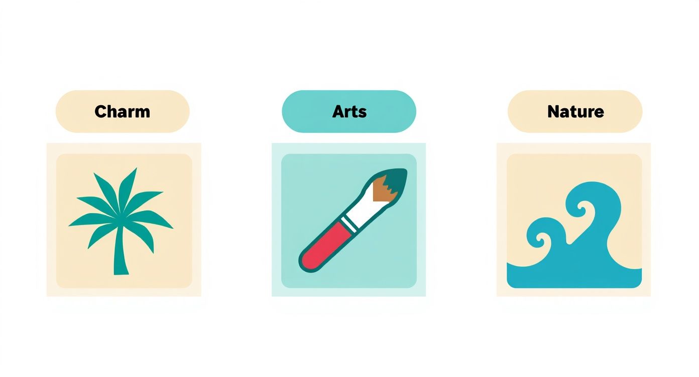 Three distinct icons representing Charm (palm tree), Arts (paintbrush), and Nature (ocean waves) categories.