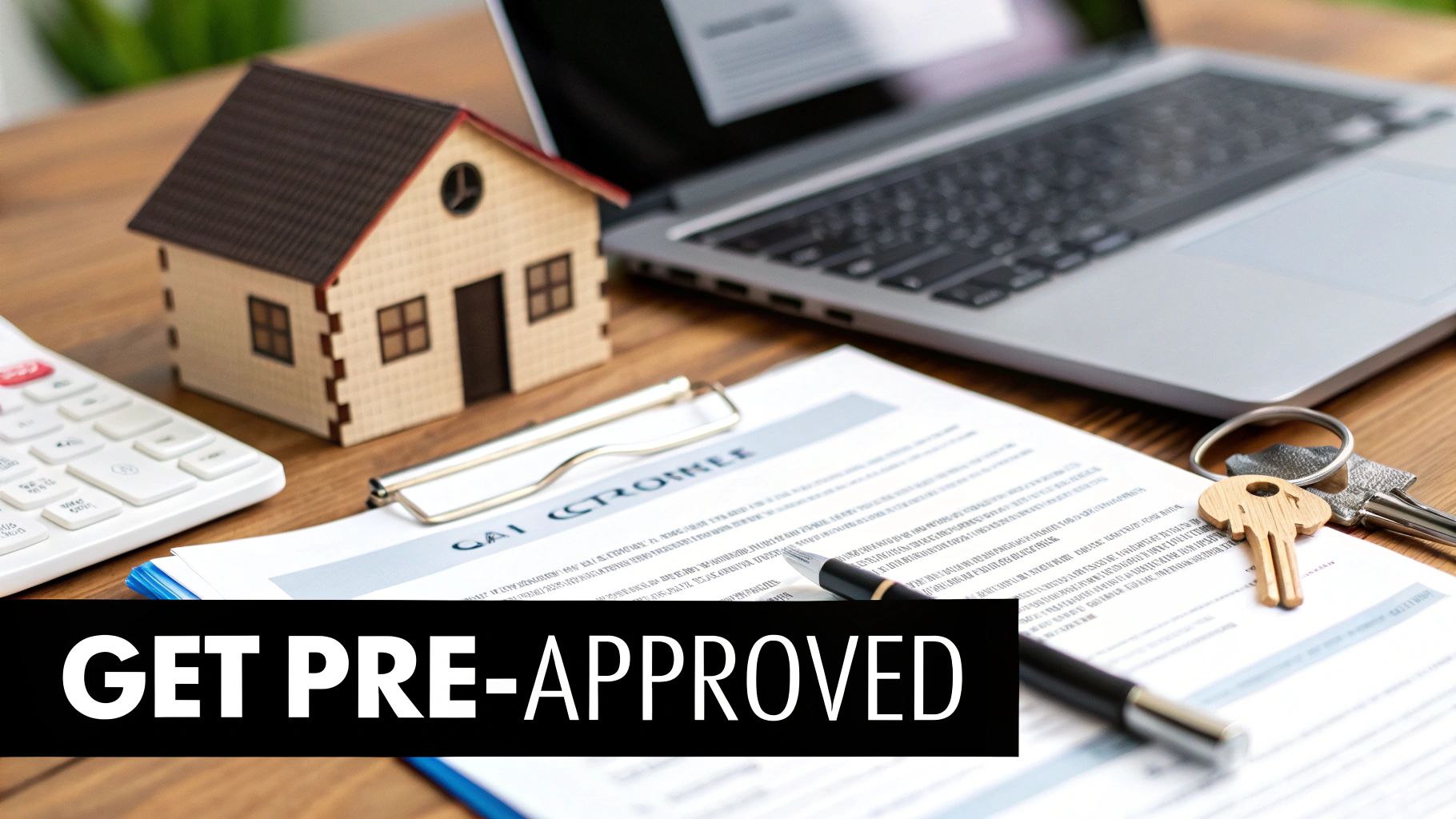 Desk with miniature house, calculator, laptop, documents, and keys for home loan pre-approval.