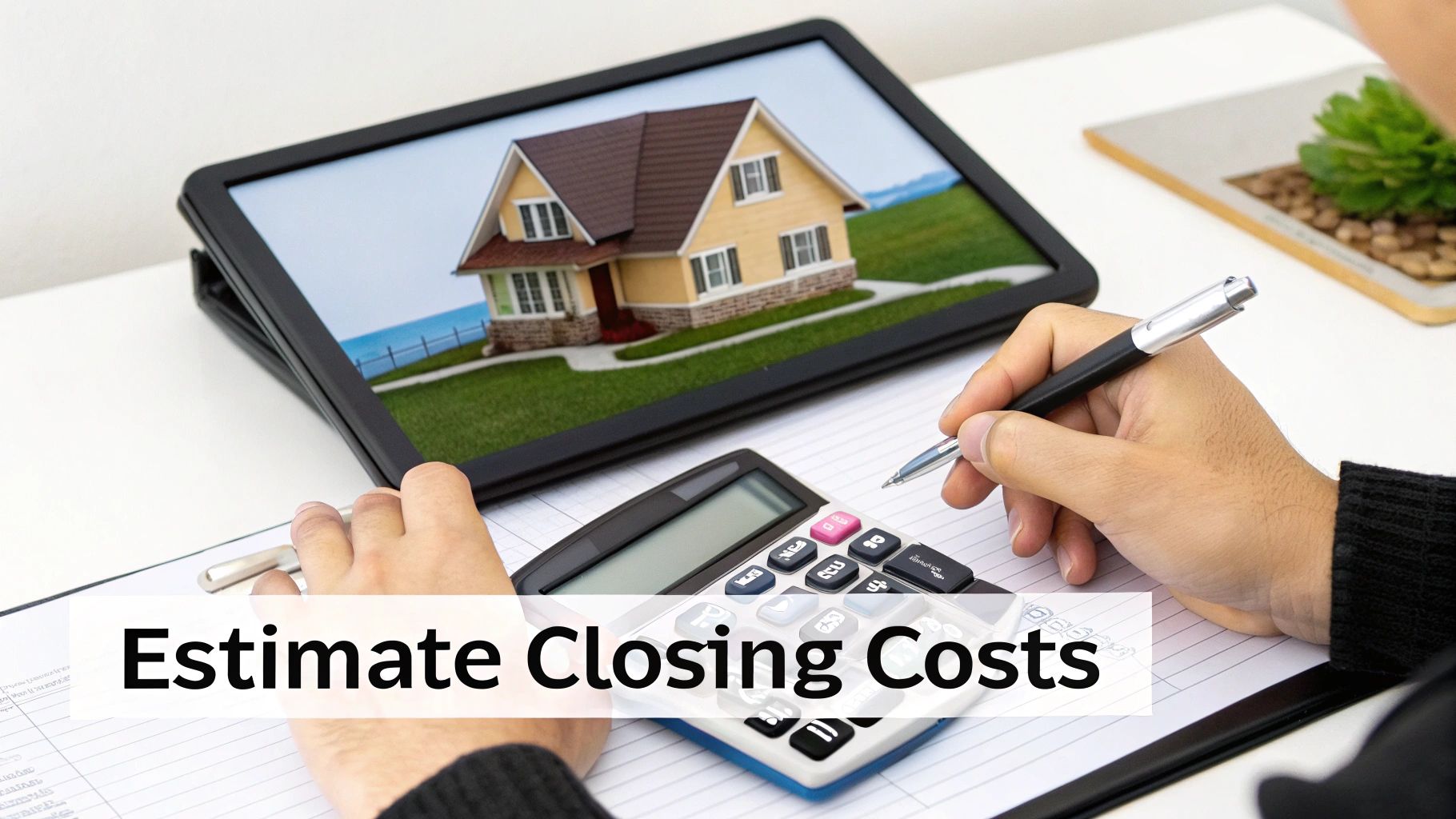 A person calculates home closing costs using a calculator and pen, with a house image displayed on a tablet.
