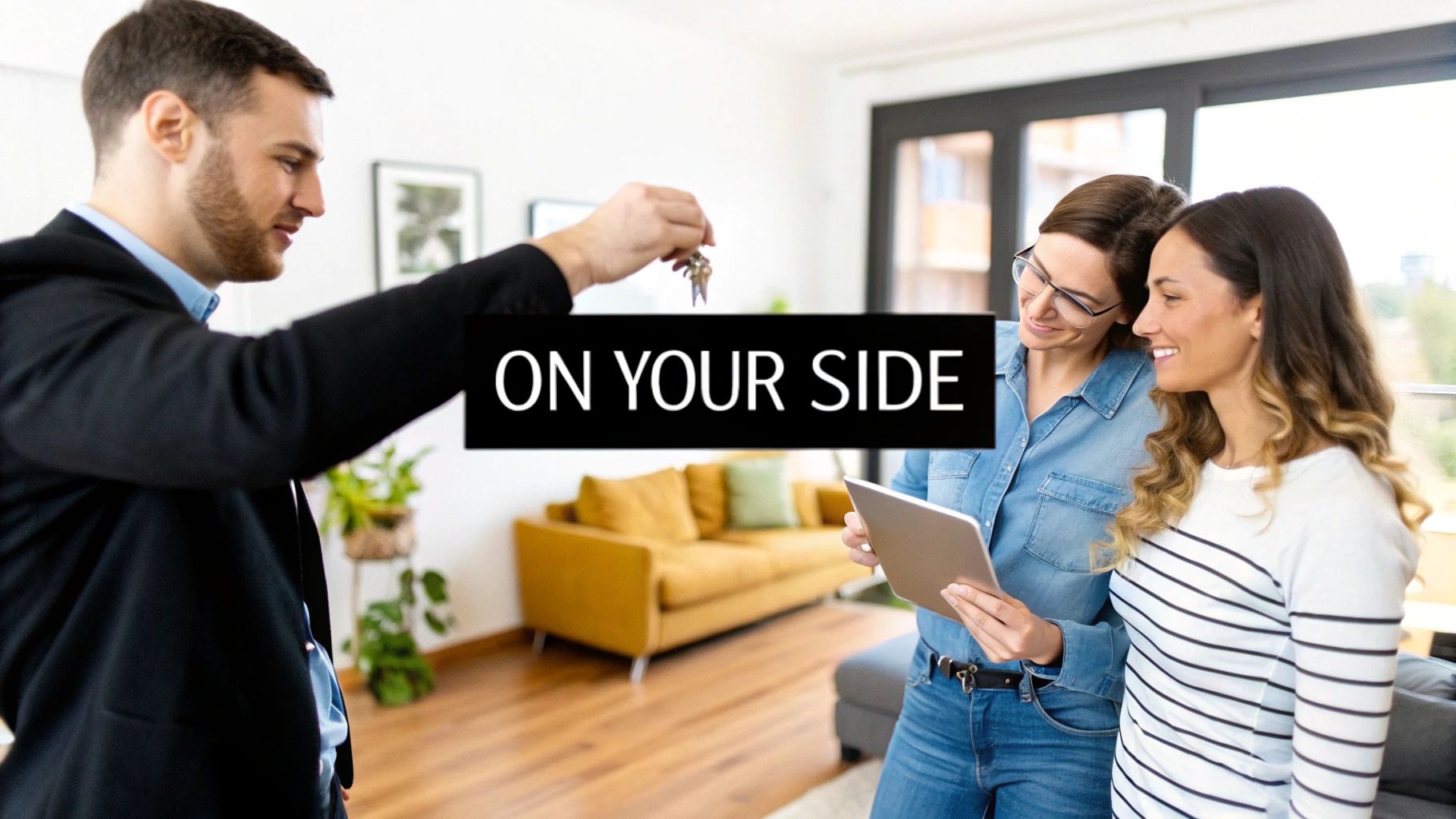 A real estate agent hands keys to two happy women, who are looking at a tablet, in a modern apartment.