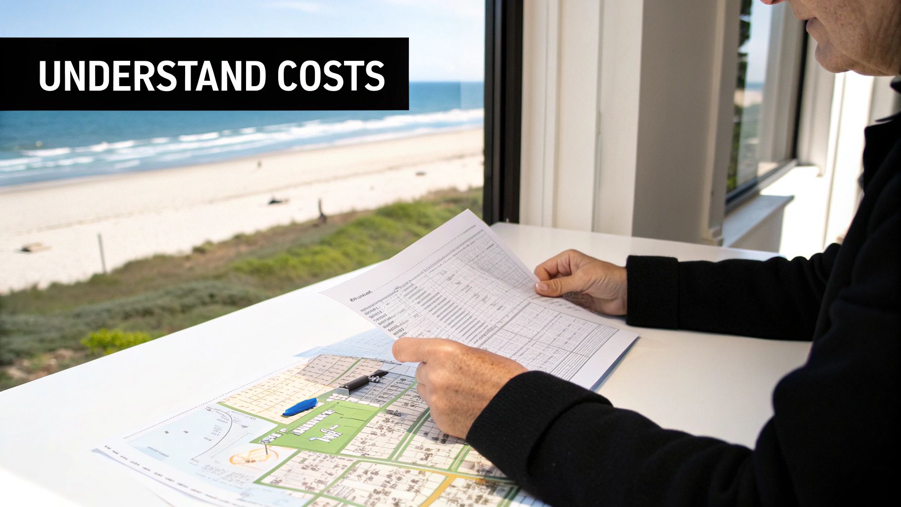 A person studies financial documents and a property map with a beach view, emphasizing "UNDERSTAND COSTS".