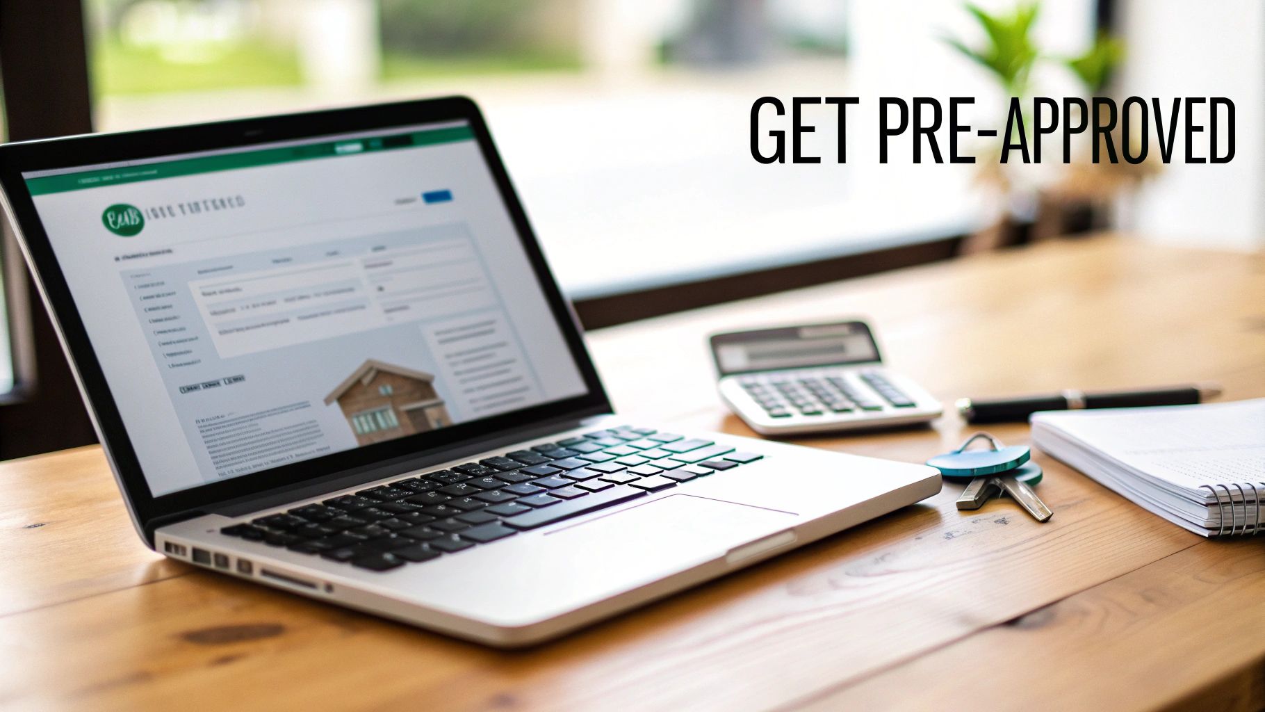 Laptop with real estate website and 'GET PRE-APPROVED' text, calculator, keys, and notebook on a wooden desk.