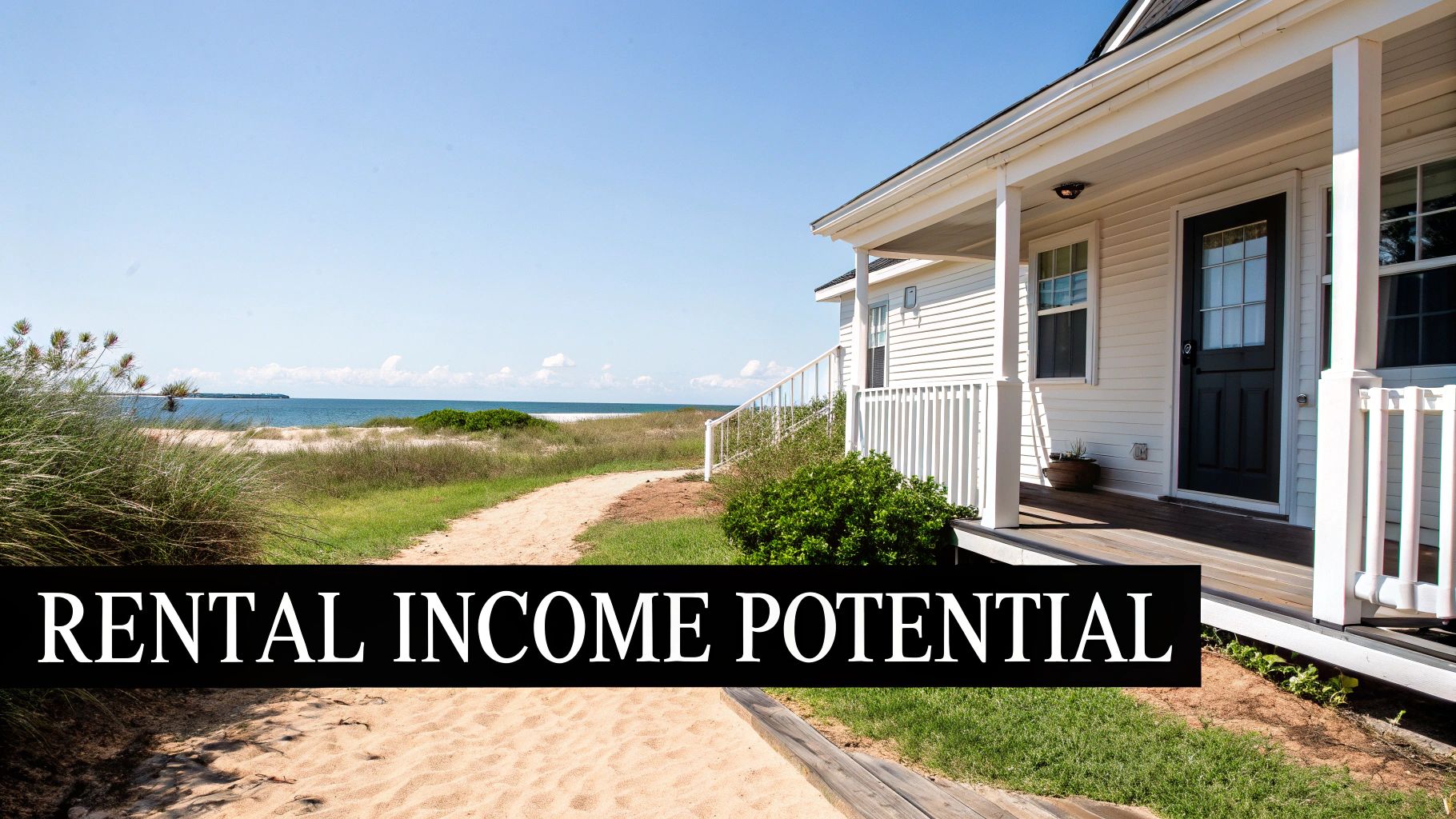 A bright white beach house with a porch, a sandy path leading to the ocean, showcasing rental income potential.