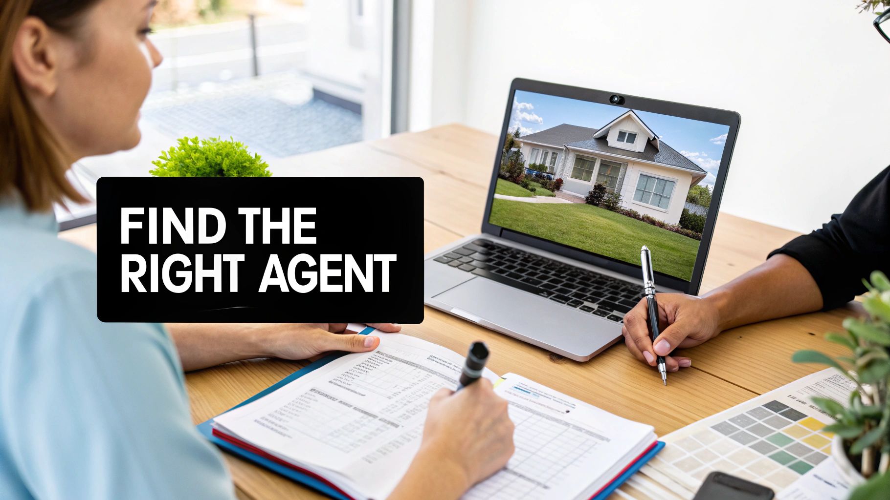 Two people discuss real estate documents at a desk, with a laptop showing a house and a sign 'FIND THE RIGHT AGENT'.
