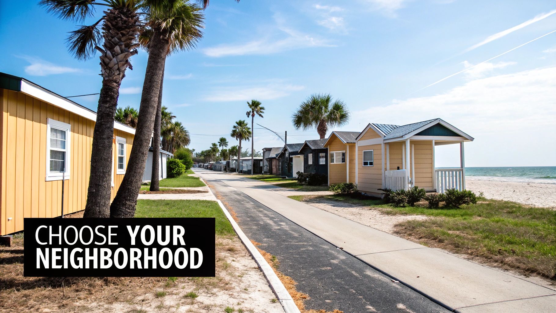 A row of colorful beach houses with palm trees along a path next to the ocean.